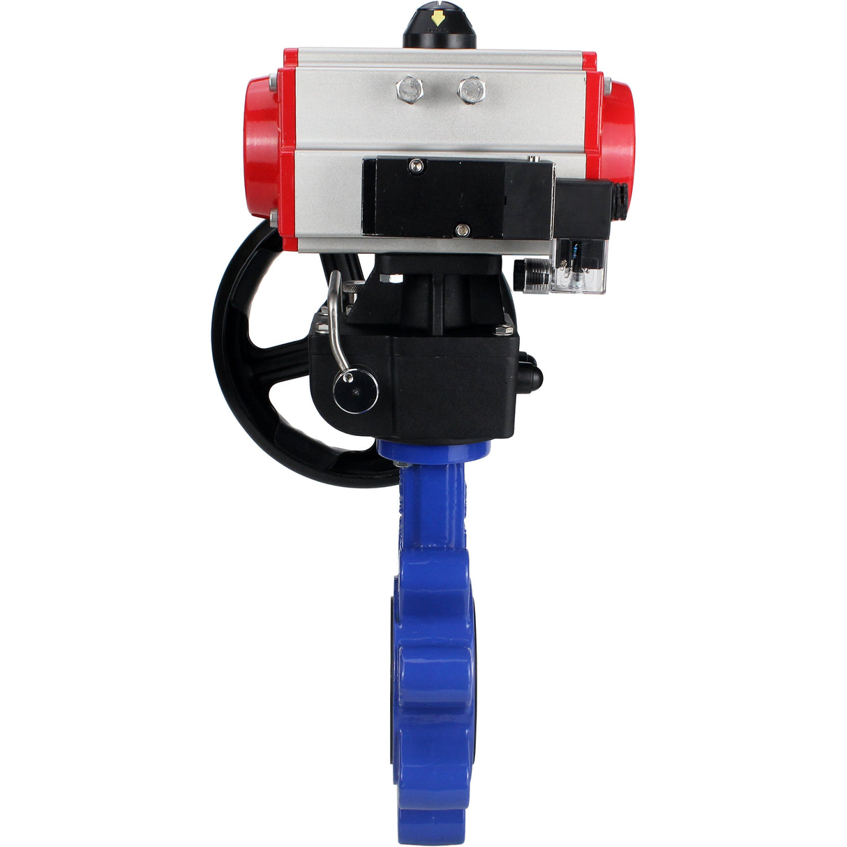 Vanne papillon d'eau Elephant WBV1631N-2W-Fb-H, matériau du corps - fonte QT450, matériau du disque - acier inoxydable AISI 304, joint - NBR, avec actionneur pneumatique double effet PA-DA, 4M310-08 24V, volant MON