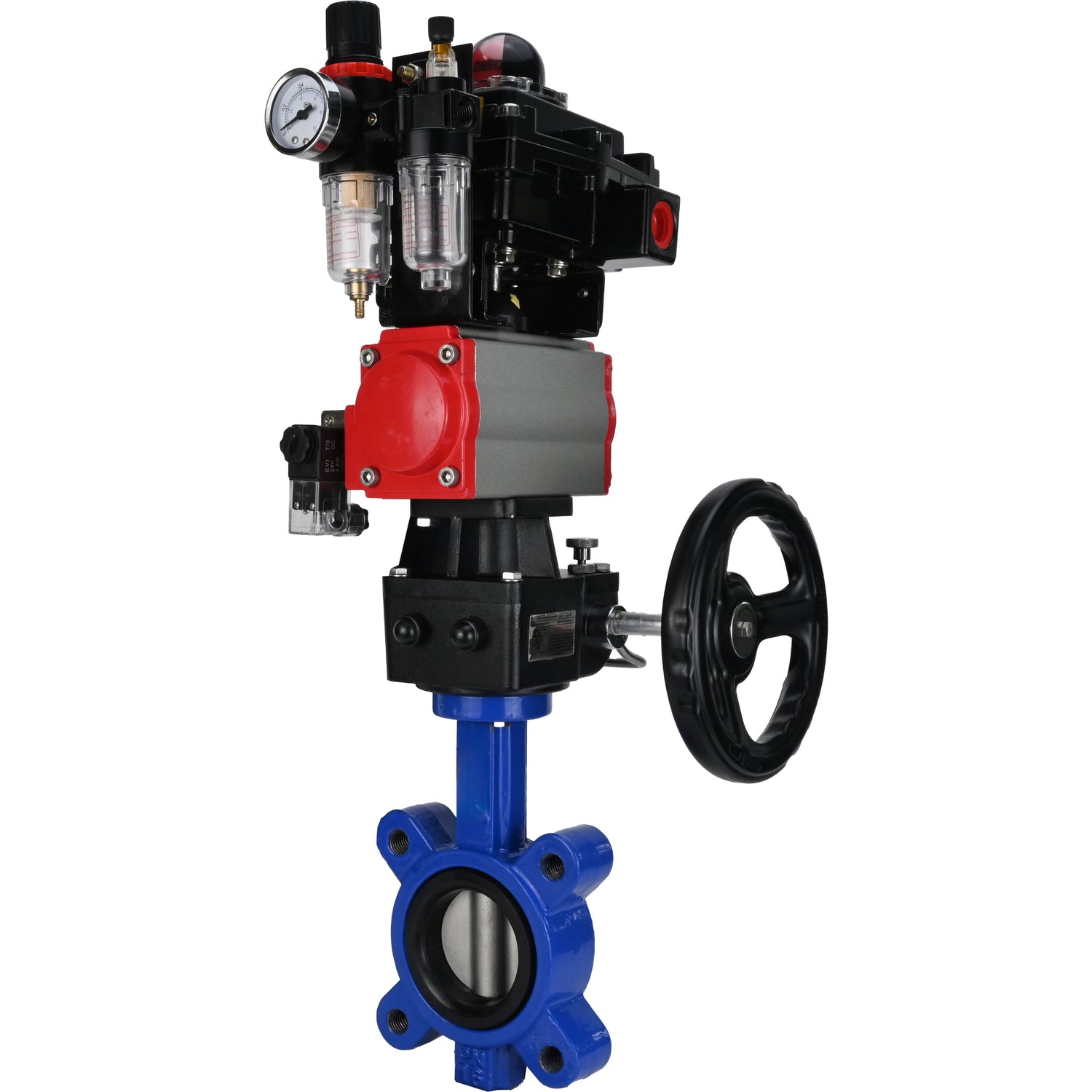 Vanne papillon d'eau Elephant WBV1631N-2W-Fb-H, matériau du corps - fonte QT450, matériau du disque - acier inoxydable AISI 304, joint - NBR, actionneur pneumatique PA-DA double action, 4M310-08 24V, BKV APL-410N EX, volant MON, BPV AFC2000
