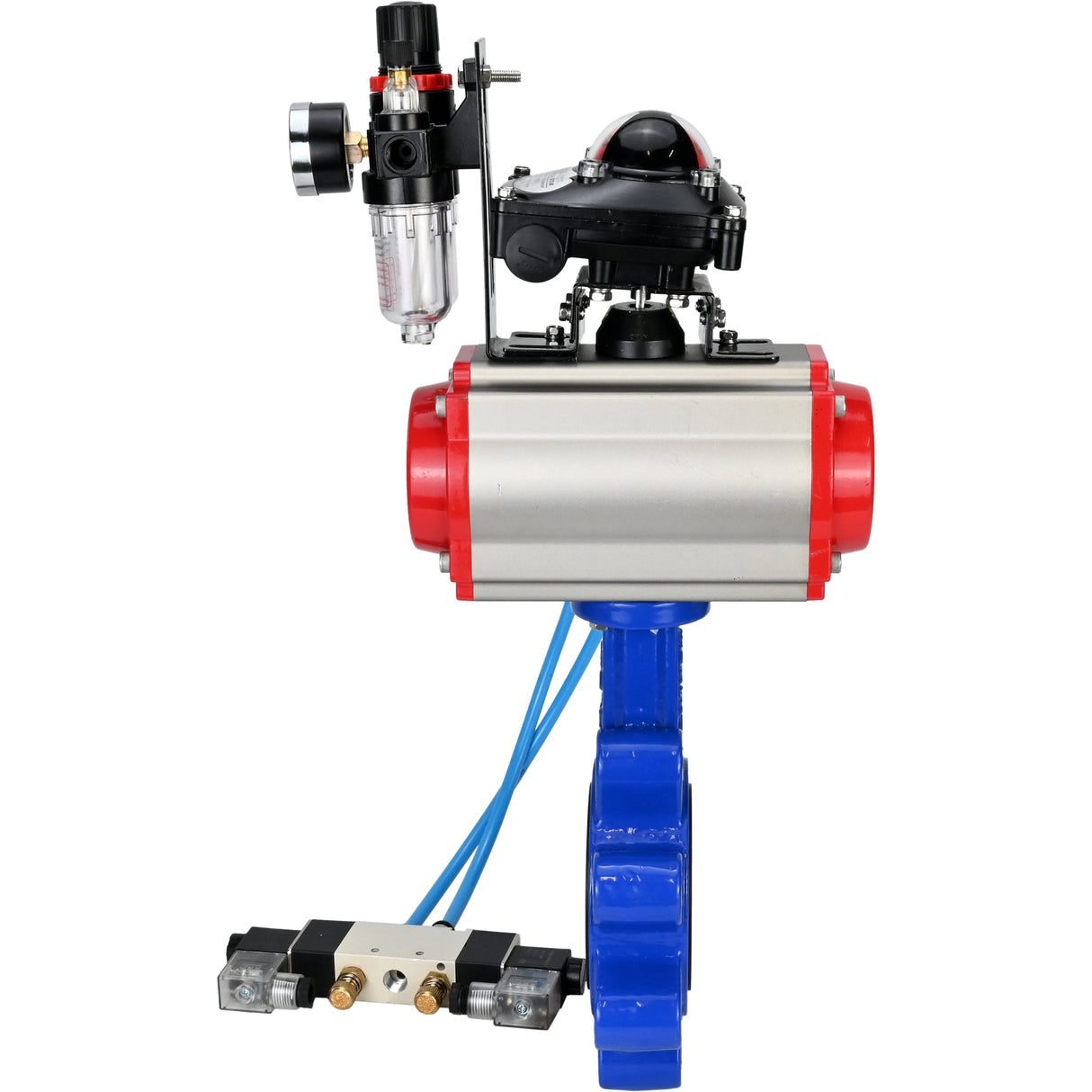 Vanne papillon d'eau Elephant WBV1631N-2W-Fb-H, matériau du corps - fonte QT450, matériau du disque - acier inoxydable AISI 304, joint - NBR, actionneur pneumatique PA-SA avec ressorts de rappel, 4V320-08 220V, BKV APL-210N BPV AFC2000