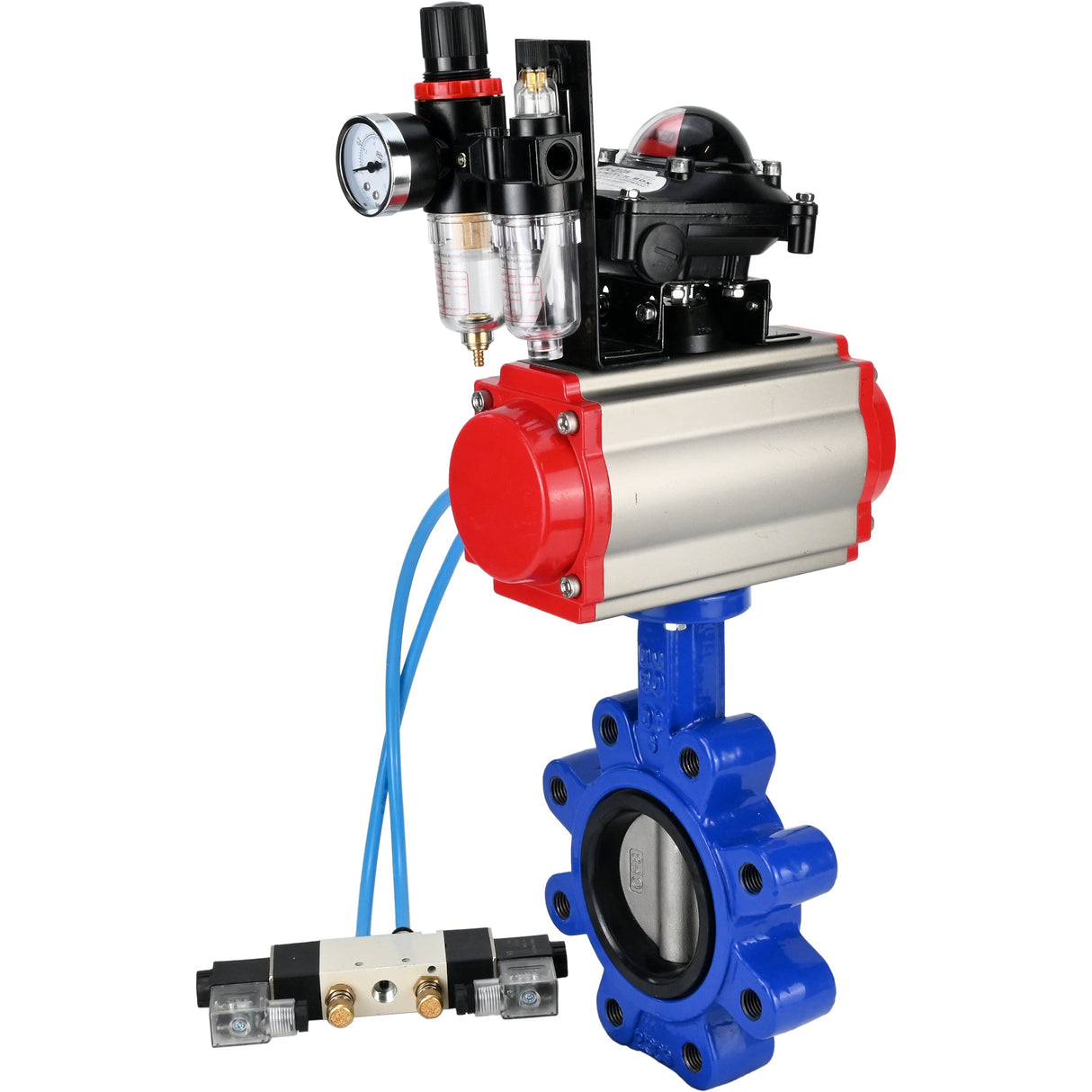 Vanne papillon d'eau Elephant WBV1631N-2W-Fb-H, matériau du corps - fonte QT450, matériau du disque - acier inoxydable AISI 304, joint - NBR, actionneur pneumatique PA-SA avec ressorts de rappel, 4V320-08 220V, BKV APL-210N BPV AFC2000