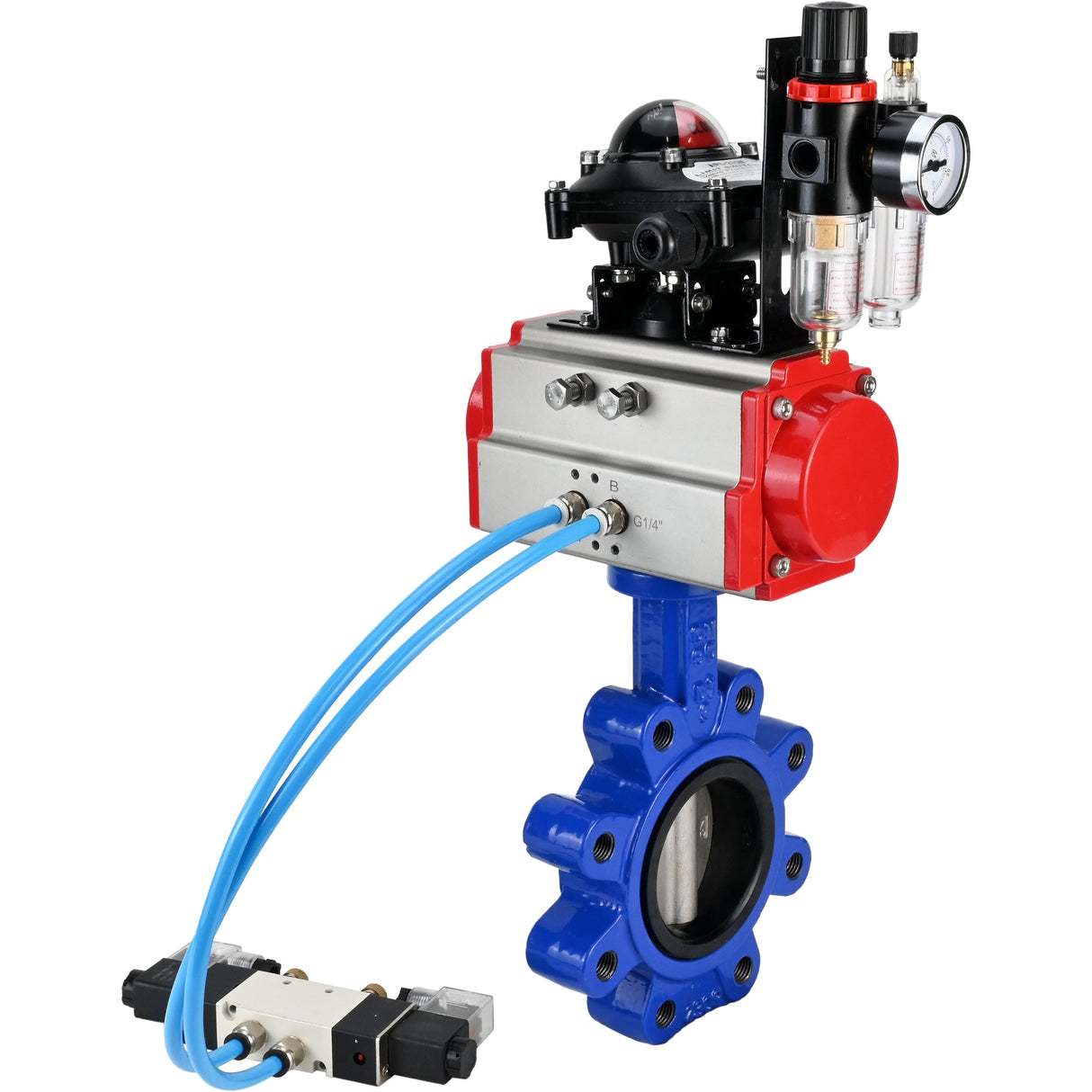 Vanne papillon d'eau Elephant WBV1631N-2W-Fb-H, matériau du corps - fonte QT450, matériau du disque - acier inoxydable AISI 304, joint - NBR, actionneur pneumatique PA-SA avec ressorts de rappel, 4V320-08 220V, BKV APL-210N BPV AFC2000