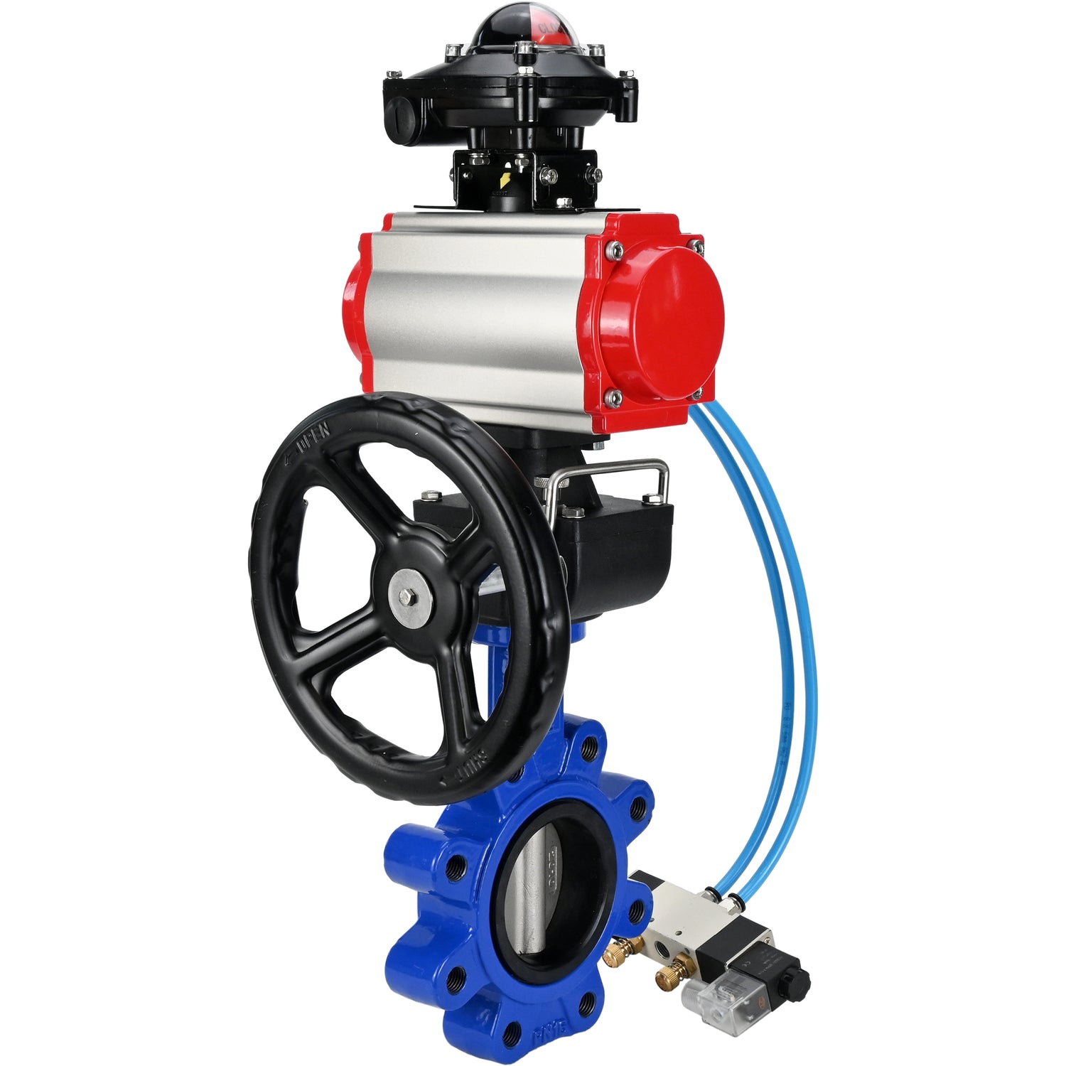 Vanne papillon d'eau Elephant WBV1631N-2W-Fb-H, matériau du corps - fonte QT450, matériau du disque - acier inoxydable AISI 304, joint - NBR, actionneur pneumatique PA-DA double action, 4V320-08 220V, BKV APL-210N, volant MON