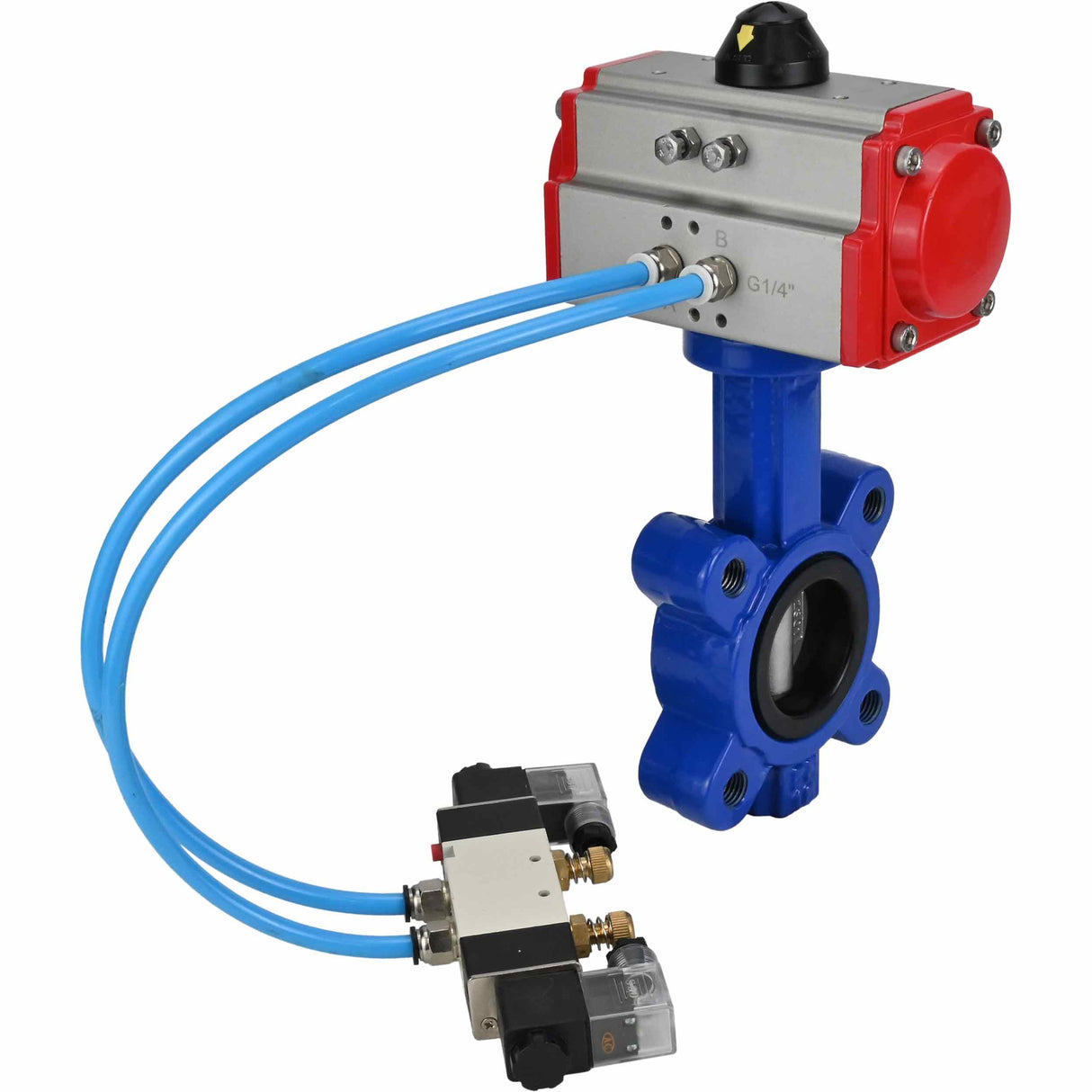 Vanne papillon d'eau Elephant WBV1631N-2W-Fb-H, matériau du corps - fonte QT450, matériau du disque - acier inoxydable AISI 304, joint - NBR, actionneur pneumatique PA-SA avec ressorts de rappel, 4V320-10 220V