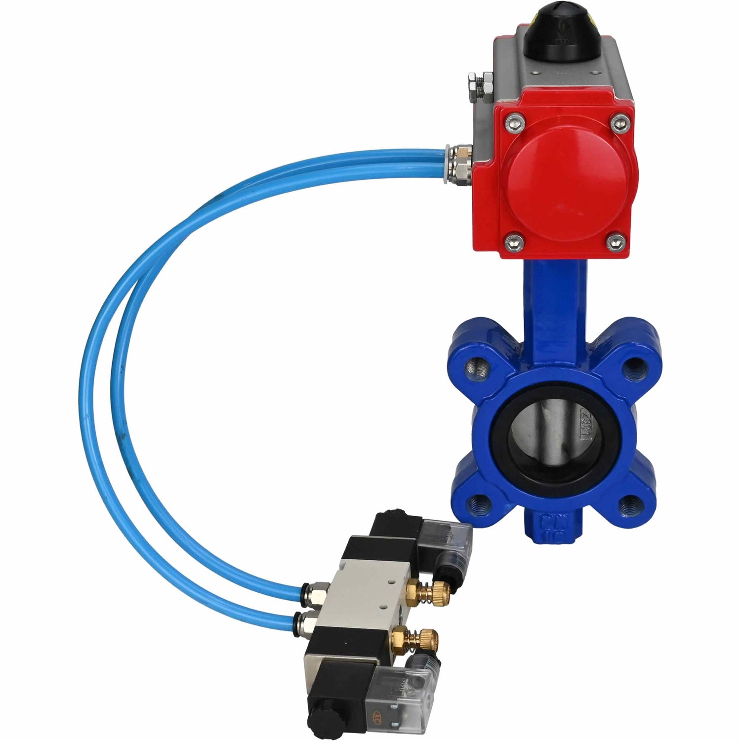 Vanne papillon d'eau Elephant WBV1631N-2W-Fb-H, matériau du corps - fonte QT450, matériau du disque - acier inoxydable AISI 304, joint - NBR, avec actionneur pneumatique double effet PA-DA, 4V320-08 220V