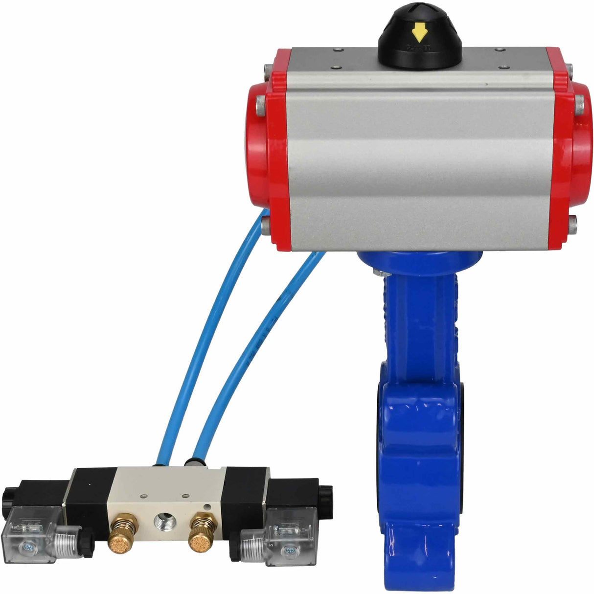 Vanne papillon d'eau Elephant WBV1631N-2W-Fb-H, matériau du corps - fonte QT450, matériau du disque - acier inoxydable AISI 304, joint - NBR, actionneur pneumatique PA-SA avec ressorts de rappel, 4V320-08 220V