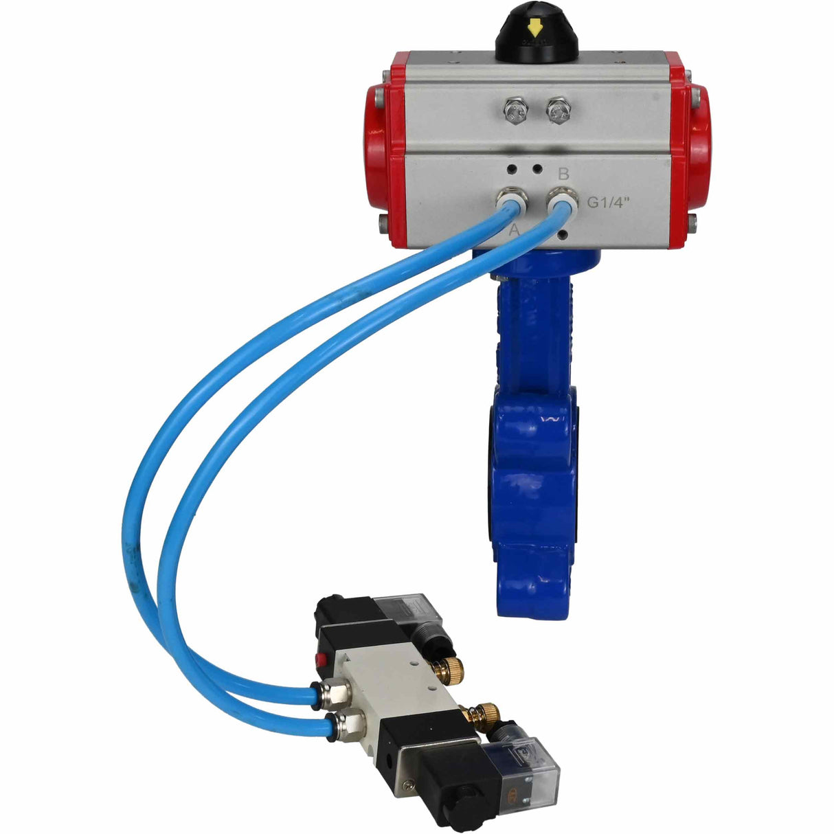 Vanne papillon d'eau Elephant WBV1631N-2W-Fb-H, matériau du corps - fonte QT450, matériau du disque - acier inoxydable AISI 304, joint - NBR, actionneur pneumatique PA-SA avec ressorts de rappel, 4V320-08 220V