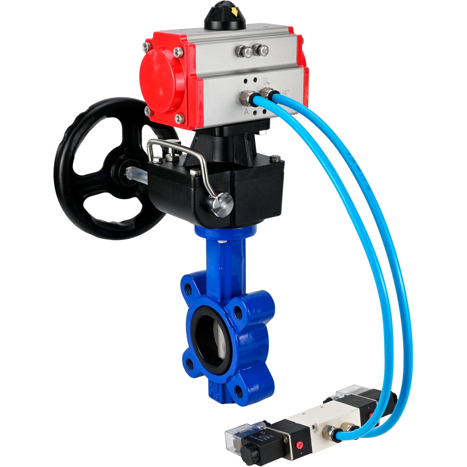 Vanne papillon d'eau Elephant WBV1631N-2W-Fb-H, matériau du corps - fonte QT450, matériau du disque - acier inoxydable AISI 304, joint - NBR, avec actionneur pneumatique double effet PA-DA, 4V320-10 220V, volant MON