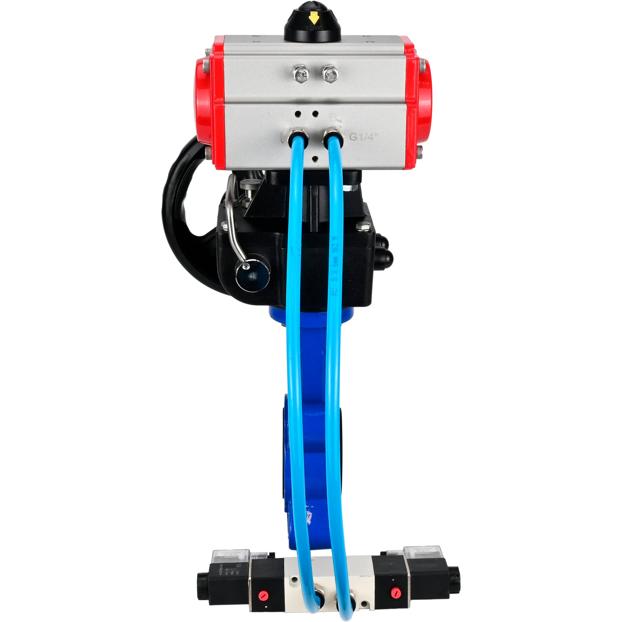 Vanne papillon d'eau Elephant WBV1631N-2W-Fb-H, matériau du corps - fonte QT450, matériau du disque - acier inoxydable AISI 304, joint - NBR, avec actionneur pneumatique double effet PA-DA, 4V320-10 220V, volant MON