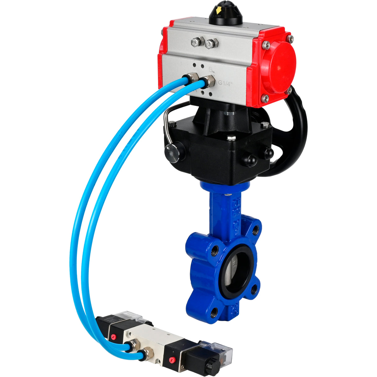 Vanne papillon d'eau Elephant WBV1631N-2W-Fb-H, matériau du corps - fonte QT450, matériau du disque - acier inoxydable AISI 304, joint - NBR, avec actionneur pneumatique double effet PA-DA, 4V320-10 220V, volant MON