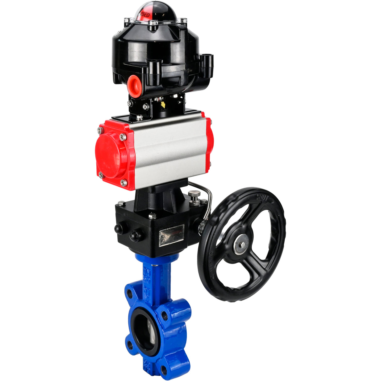 Vanne papillon d'eau Elephant WBV1631N-2W-Fb-H, matériau du corps - fonte QT450, matériau du disque - acier inoxydable AISI 304, joint - NBR, avec actionneur pneumatique double effet PA-DA, volant MON, BKV APL-510N EX