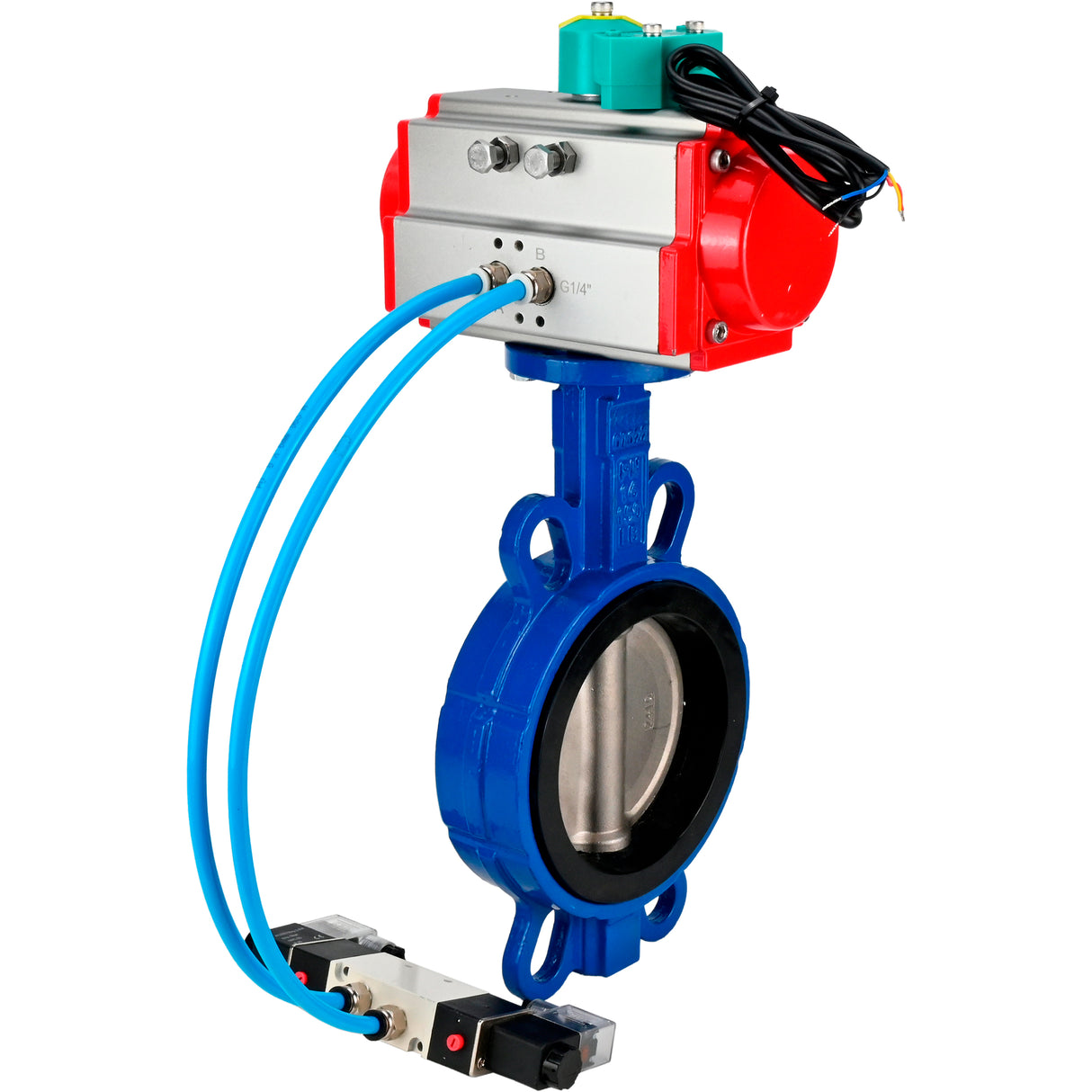 Water Butterfly Valve for abrasive media Elephant WBV1632E-2W-Fb-H DN40-200 16 bar body - QT450 cast iron, disc - 316L stainless steel, seal - EPDM, with pneumatic actuator PA-DA-XXX, pneumatic distributor 4V320-10 220V and ALS200D magnetic switch