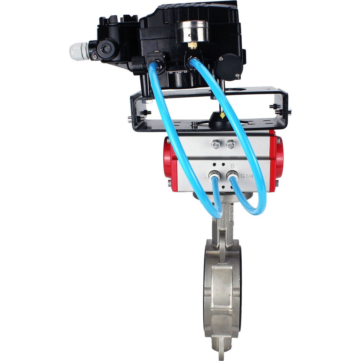 Vanne papillon d'eau Elephant WBV3131V-2W-Fb-H, matériau du corps - Acier inoxydable AISI 304, matériau du disque - Acier inoxydable AISI 304, joint - Viton, actionneur pneumatique PA-SA avec ressorts de rappel, positionneur YT-1000RSN avec rétroaction