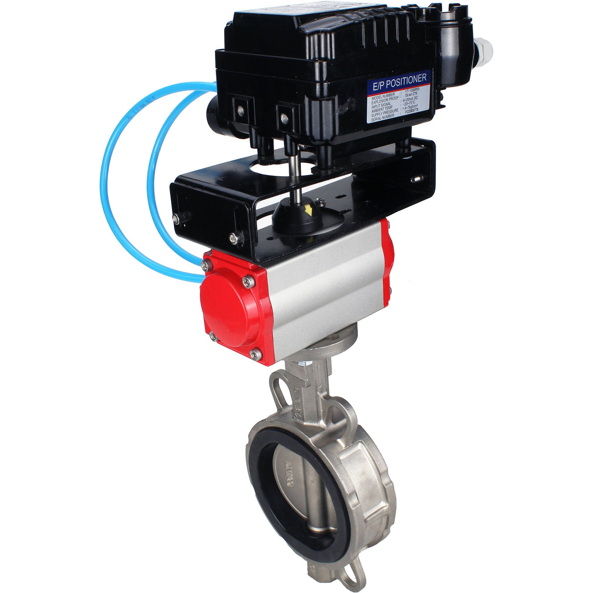 Vanne papillon d'eau Elephant WBV3131E-2W-Fb-H, matériau du corps - Acier inoxydable AISI 304, matériau du disque - Acier inoxydable AISI 304, joint - EPDM, actionneur pneumatique PA-SA avec ressorts de rappel, positionneur YT-1000RSN sans rétroaction