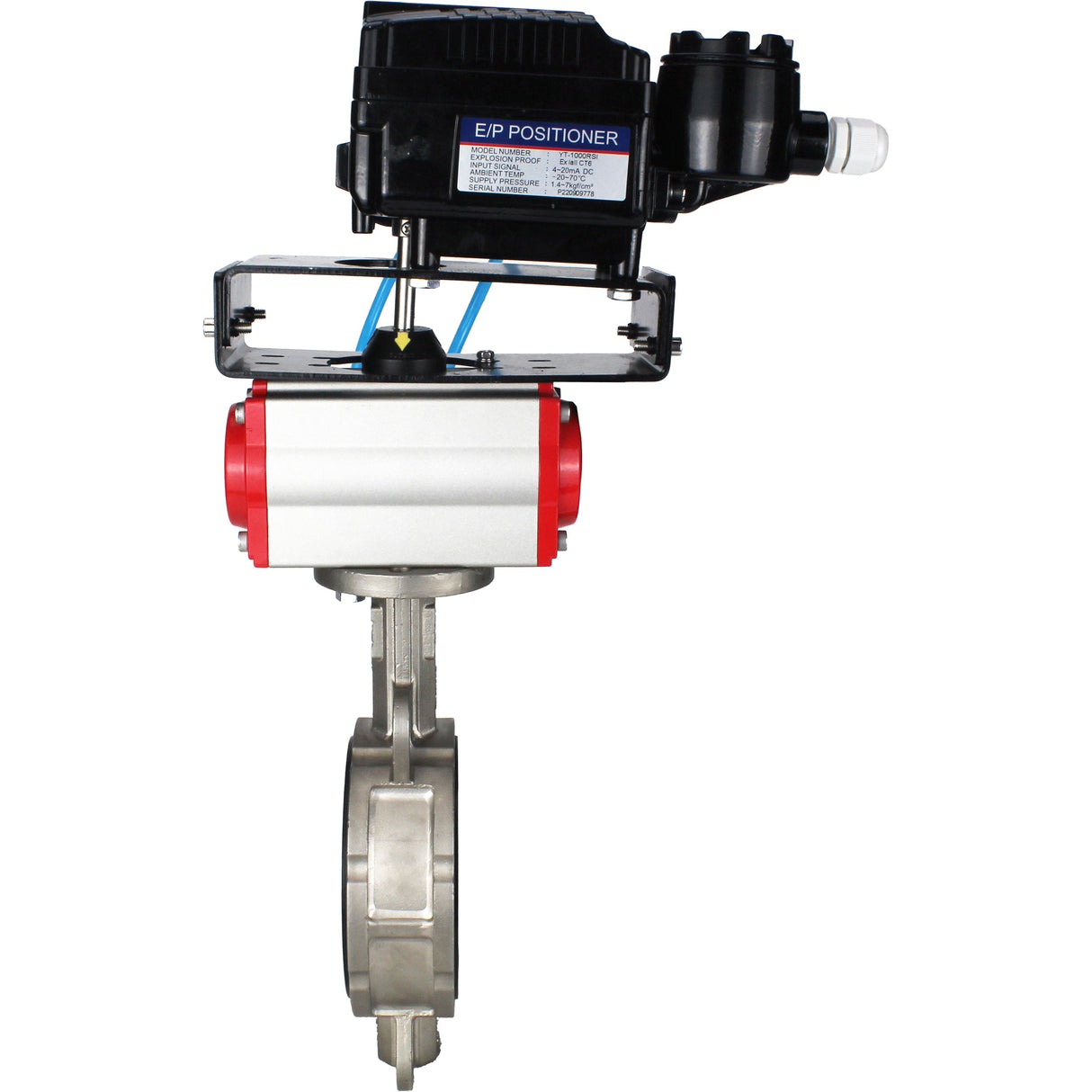 Vanne papillon d'eau Elephant WBV3131V-2W-Fb-H, matériau du corps - Acier inoxydable AISI 304, matériau du disque - Acier inoxydable AISI 304, joint - Viton, actionneur pneumatique PA-DA double action, positionneur YT-1000RSN sans rétroaction