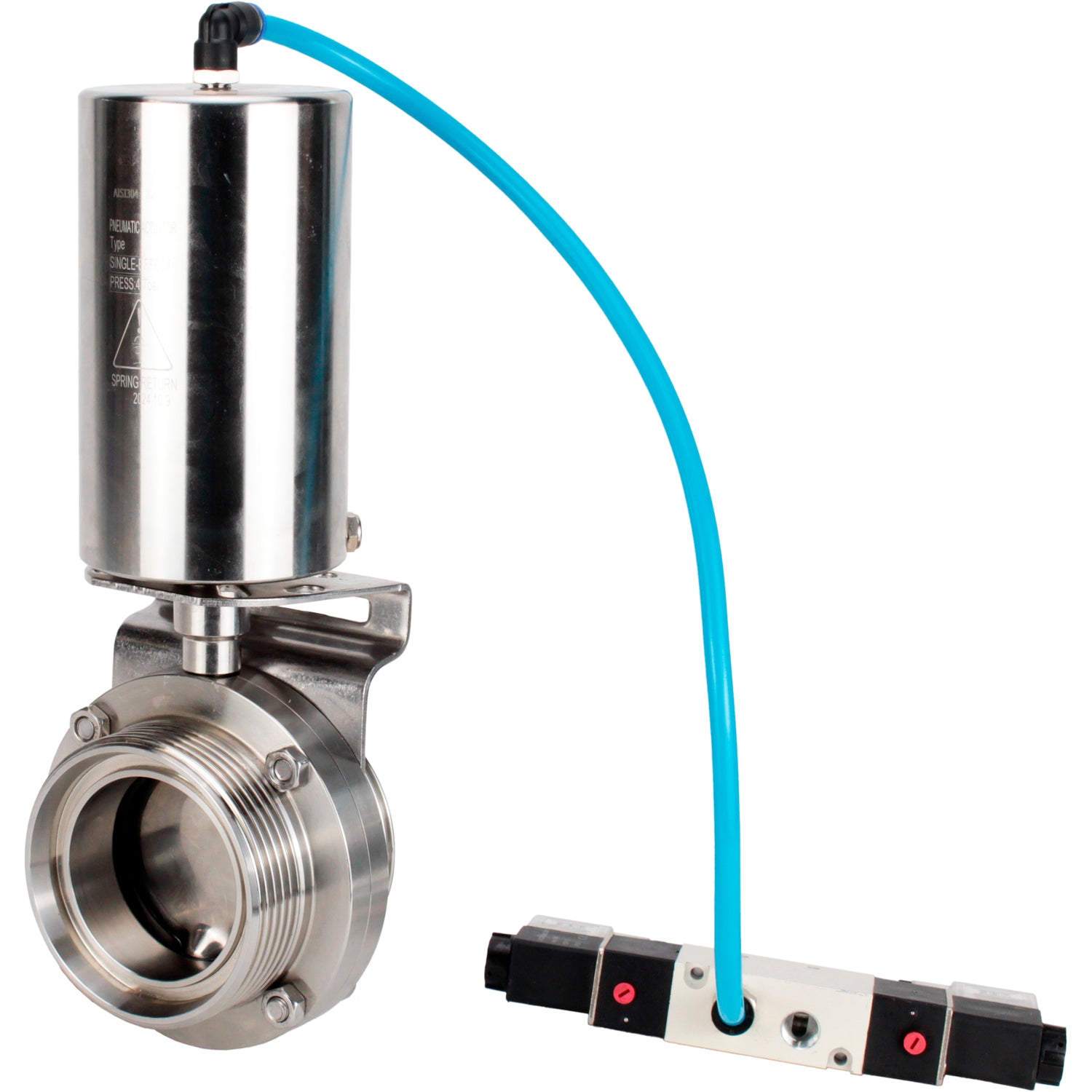 Water Butterfly valves Elephant WBV3131E-2W-T-H, body material - stainless steel AISI 304, seal - EPDM, with pneumatic actuator PA-SA-85, pneumatic distributor 4V320-10 220V