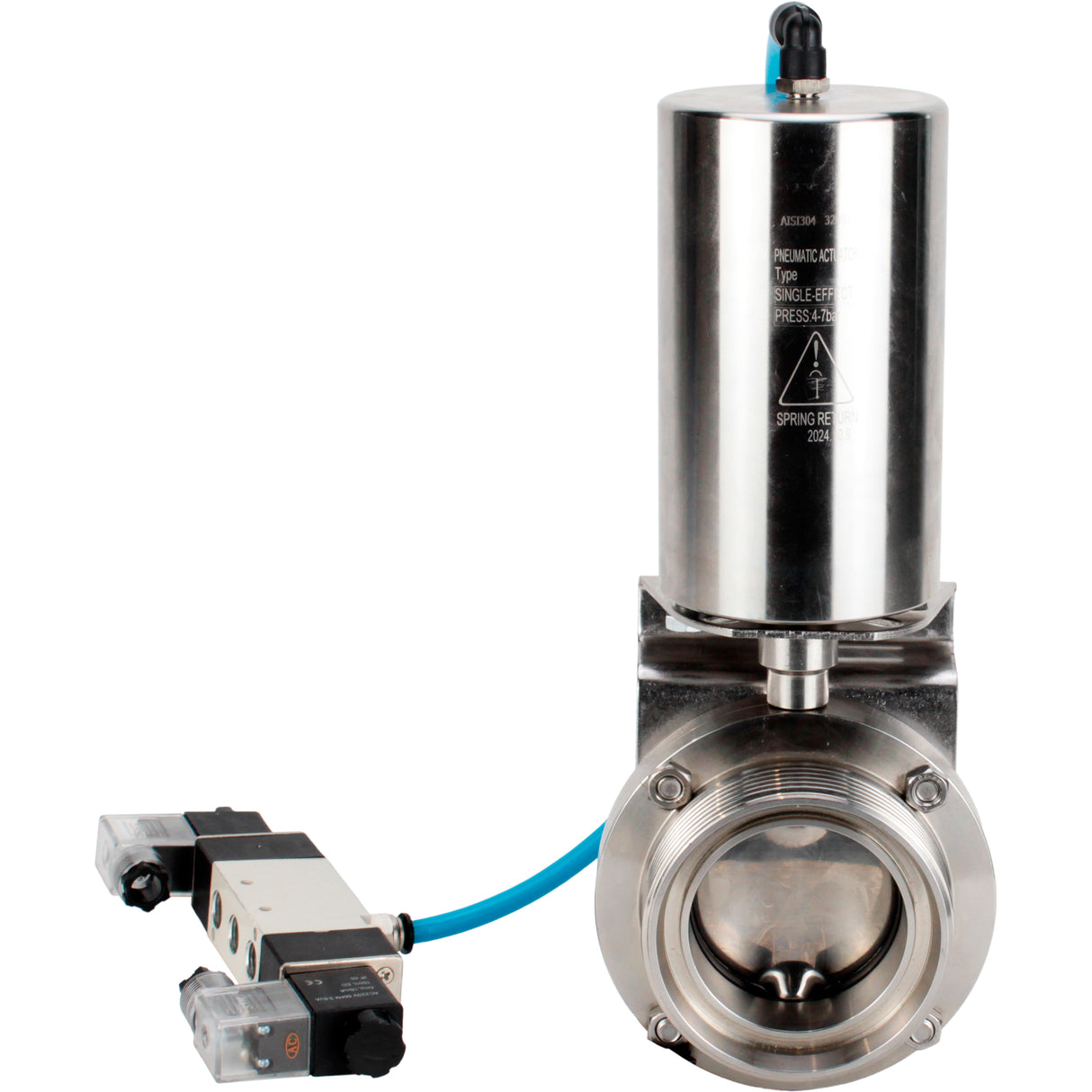 Water Butterfly valves Elephant WBV3131E-2W-T-H, body material - stainless steel AISI 304, seal - EPDM, with pneumatic actuator PA-SA-85, pneumatic distributor 4V320-10 220V