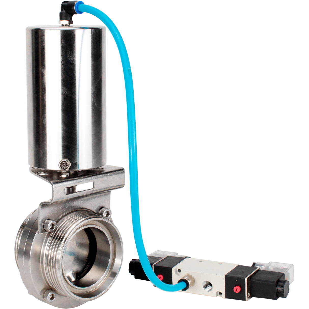 Water Butterfly valves Elephant WBV3131E-2W-T-H, body material - stainless steel AISI 304, seal - EPDM, with pneumatic actuator PA-SA-85, pneumatic distributor 4V320-10 220V