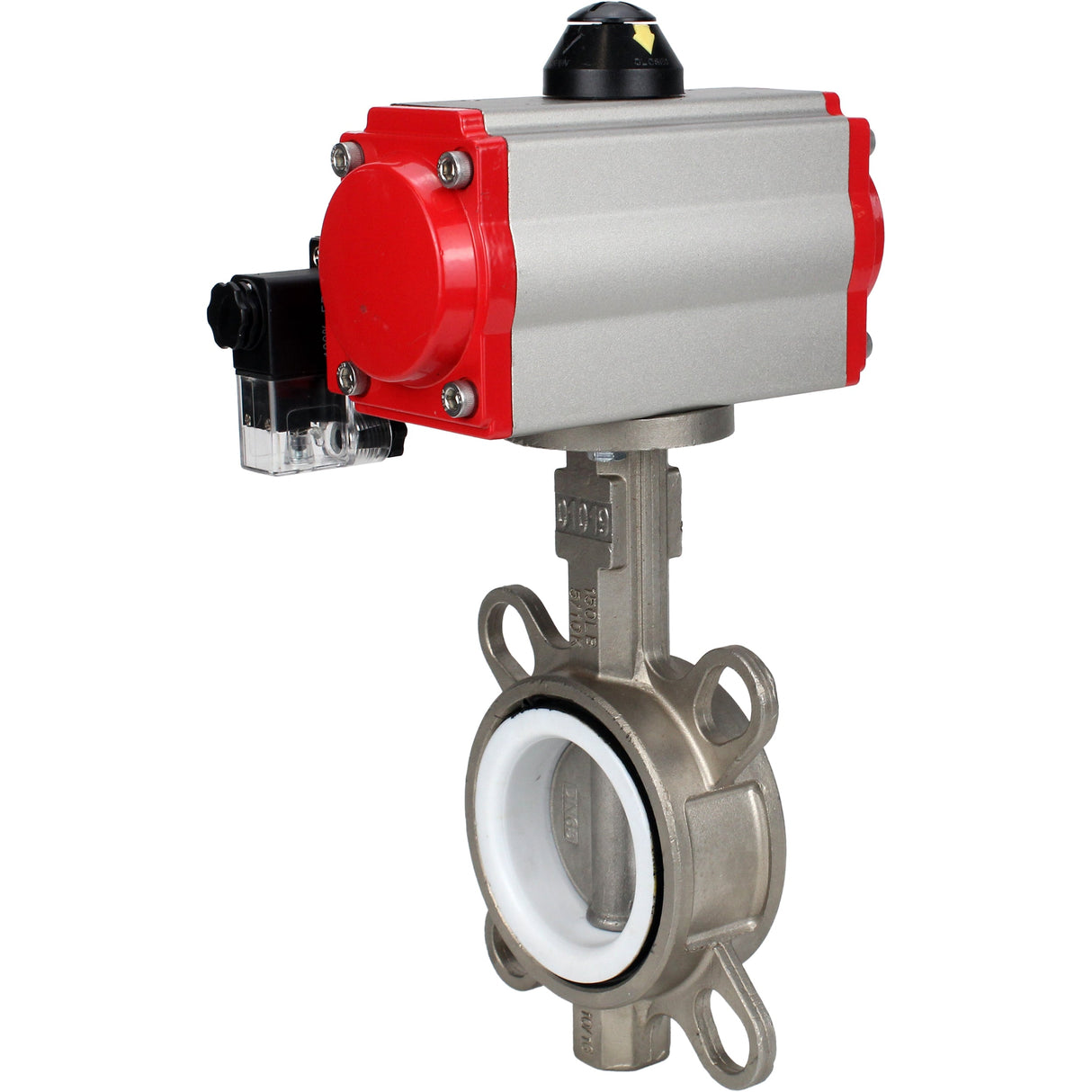 Vanne papillon d'eau Elephant WBV3131P-2W-Fb-H, matériau du corps - Acier inoxydable AISI 304, matériau du disque - Acier inoxydable AISI 304, joint - PTFE, actionneur pneumatique PA-SA avec ressorts de rappel, 4M310-08 24V