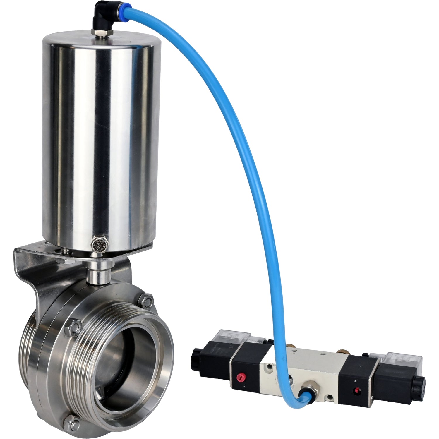 Water Butterfly valves Elephant WBV3131S-2W-T-H, body material - stainless steel AISI 304, seal - Silicon, with pneumatic actuator PA-SA-85, pneumatic distributor 4V320-08 220V