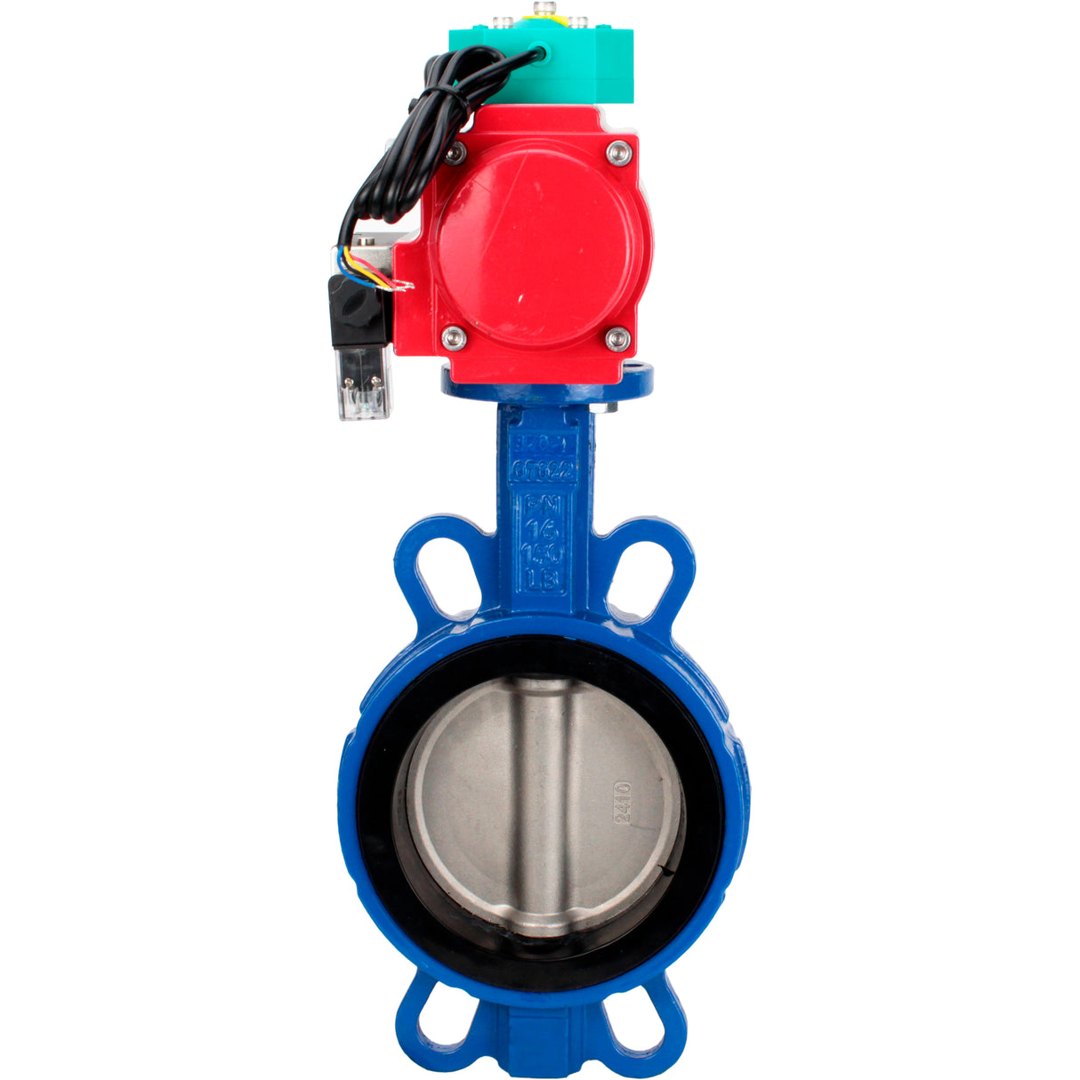 Water Butterfly Valve Elephant WBV3432V-2W-Fb-H DN50-300 16 bar body - WCB carbon steel, disc - 316L stainless steel, seal - Viton, with pneumatic actuator PA-DA-XXX, pneumatic distributor 4M310-08 NAMUR 220V and ALS200D magnetic switch