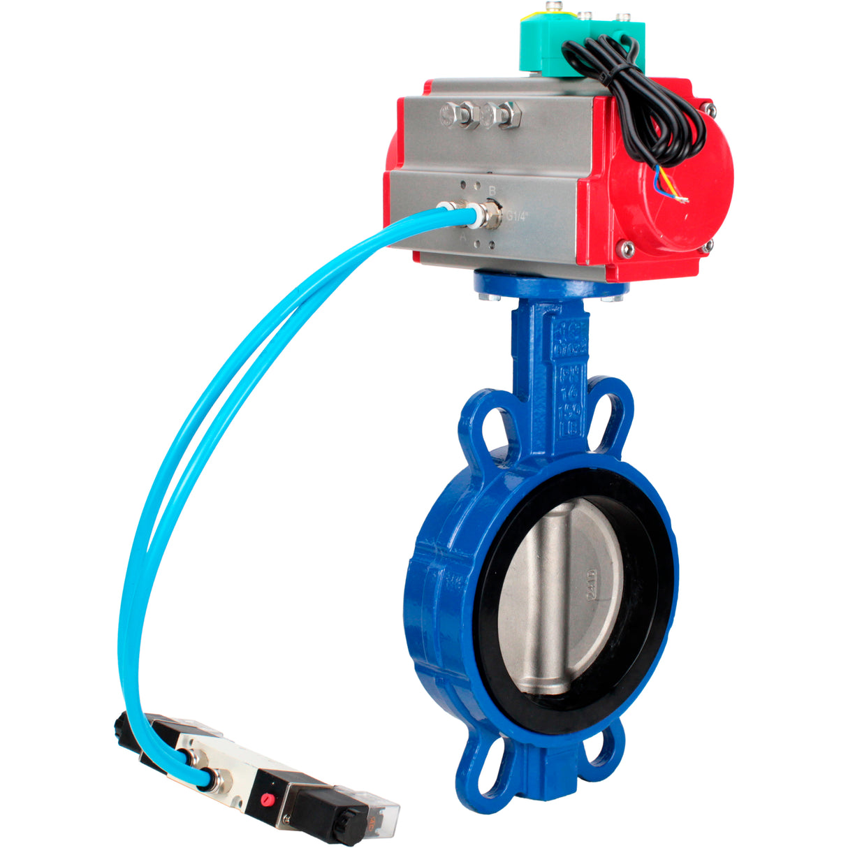 Water Butterfly Valve Elephant WBV3432V-2W-Fb-H DN50-300 16 bar body - WCB carbon steel, disc - 316L stainless steel, seal - Viton, with pneumatic actuator PA-DA-XXX, pneumatic distributor 4V320-08 220V and ALS200D magnetic switch