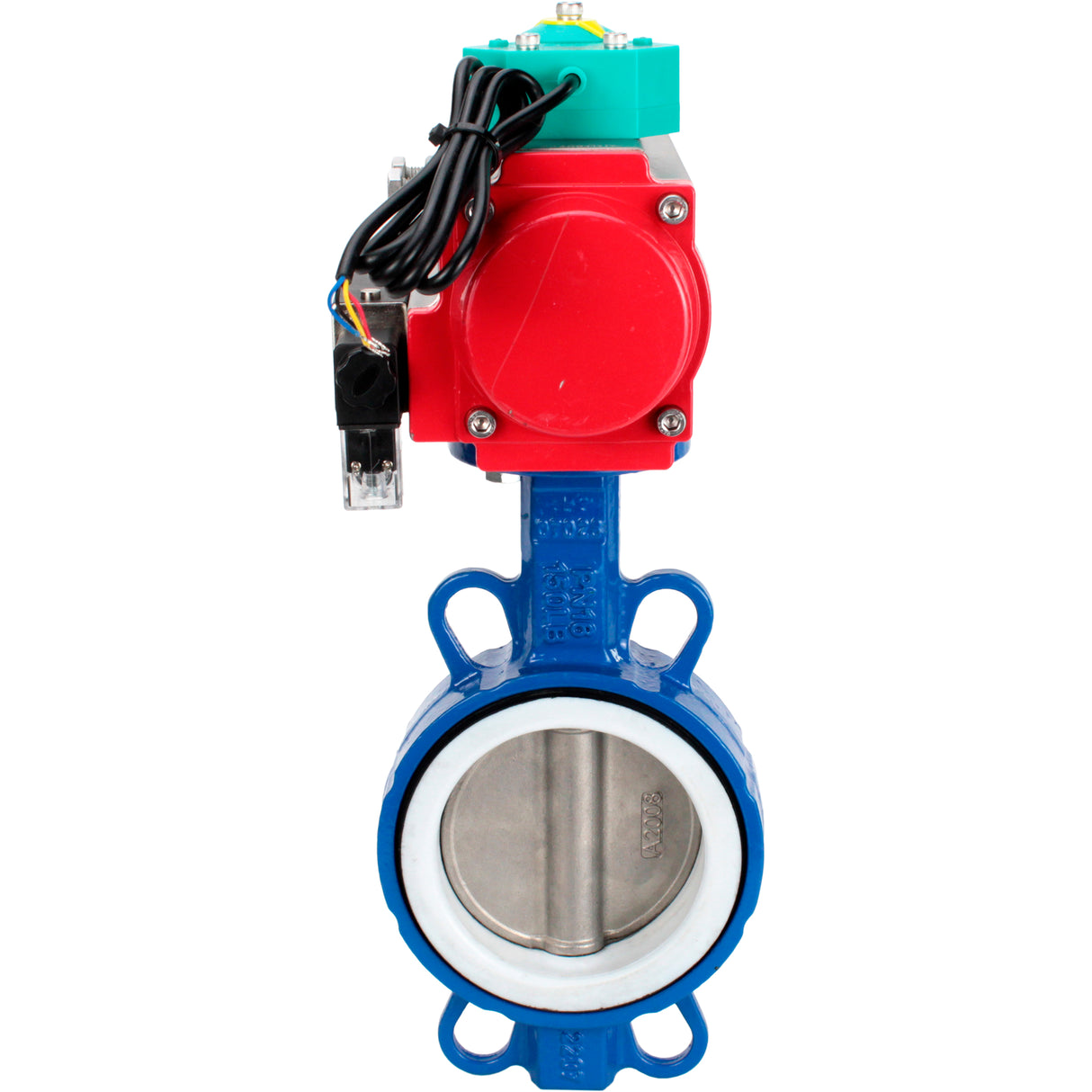 Water Butterfly Valve Elephant WBV3432P-2W-Fb-H DN40-300 16 bar body - WCB carbon steel, disc - 316L stainless steel, seal - PTFE, with pneumatic actuator PA-DA-XXX, pneumatic distributor 4M310-08 NAMUR 220V and ALS200D magnetic switch
