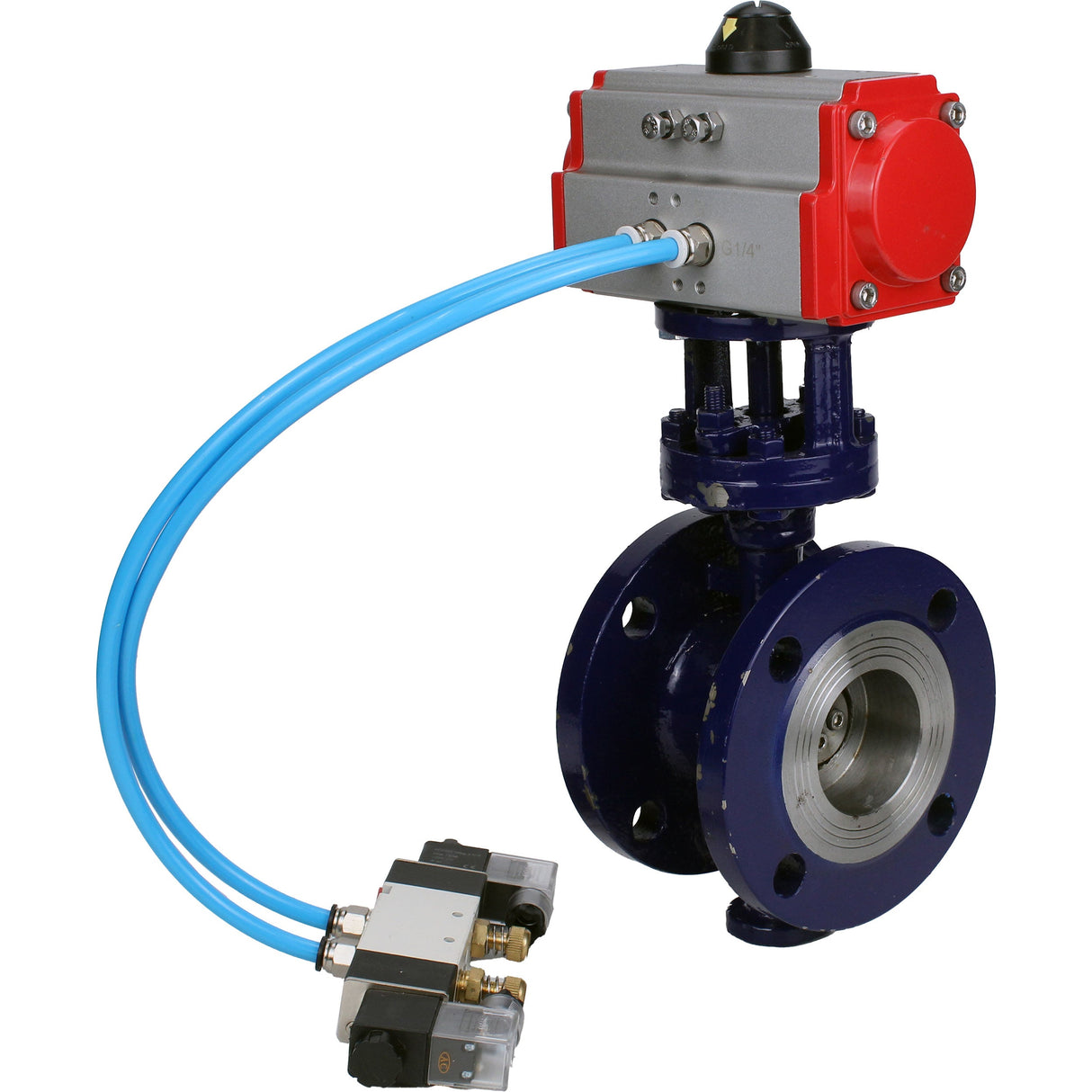 Vanne papillon d'eau Elephant WBV3EX-3432M-1W-F-ISO, matériau du corps - Acier au carbone, matériau du disque - Acier inoxydable AISI 316, joint - Métal, actionneur pneumatique PA-SA avec ressorts de rappel, 4V320-10 220V