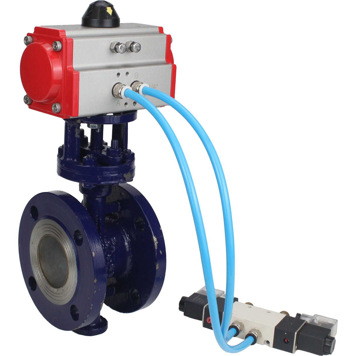 Vanne papillon d'eau Elephant WBV3EX-3432M-1W-F-ISO, matériau du corps - Acier au carbone, matériau du disque - Acier inoxydable AISI 316, joint - Métal, actionneur pneumatique PA-SA avec ressorts de rappel, 4V320-10 220V