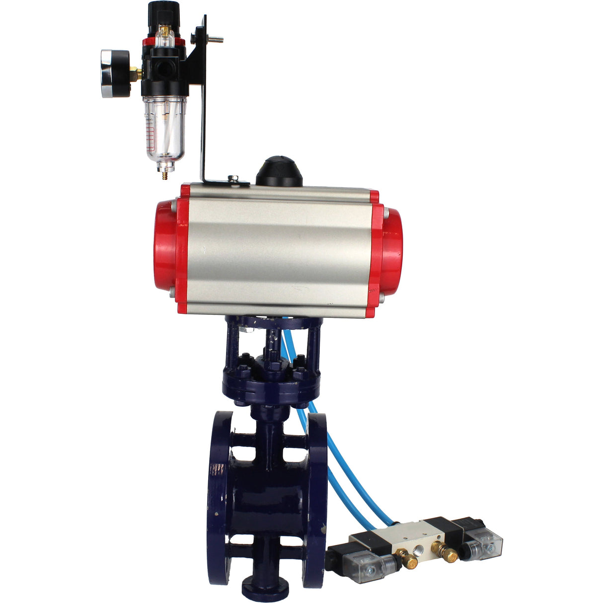 Vanne papillon d'eau Elephant WBV3EX-3432M-1W-F-ISO, matériau du corps - Acier au carbone, matériau du disque - Acier inoxydable AISI 316, joint - Métal, actionneur pneumatique PA-SA avec ressorts de rappel, 4V320-10 220V BPV AFC2000