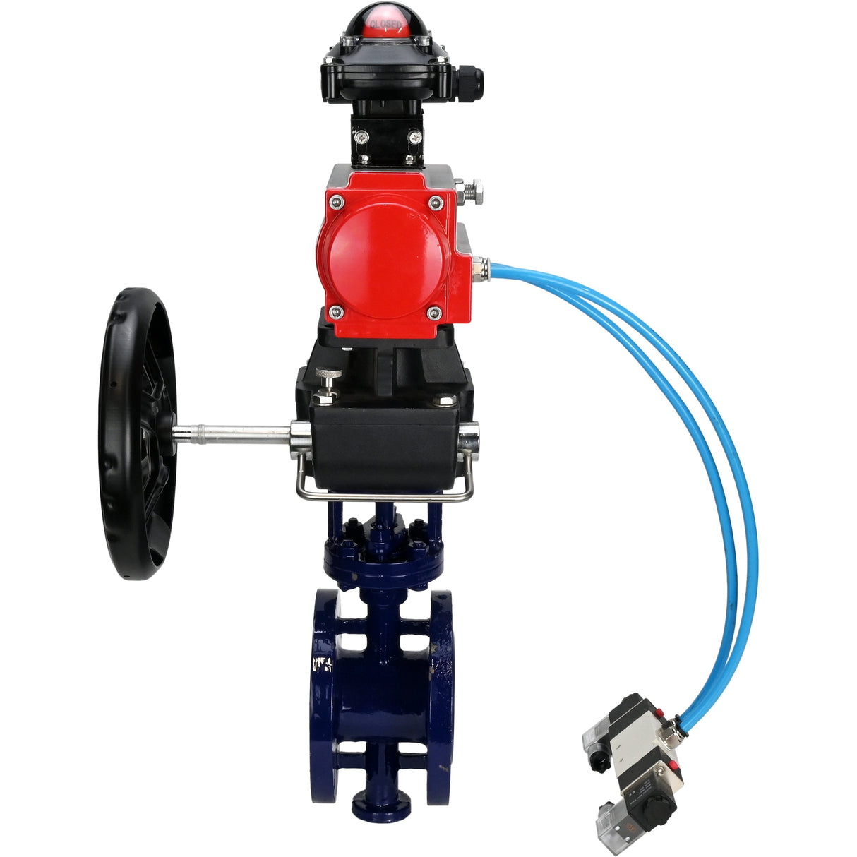 Vanne papillon d'eau Elephant WBV3EX-3432M-1W-F-ISO, matériau du corps - Acier au carbone, matériau du disque - Acier inoxydable AISI 316, joint - Métal, actionneur pneumatique PA-DA double action, 4V320-08 220V, BKV APL-210N, volant MON