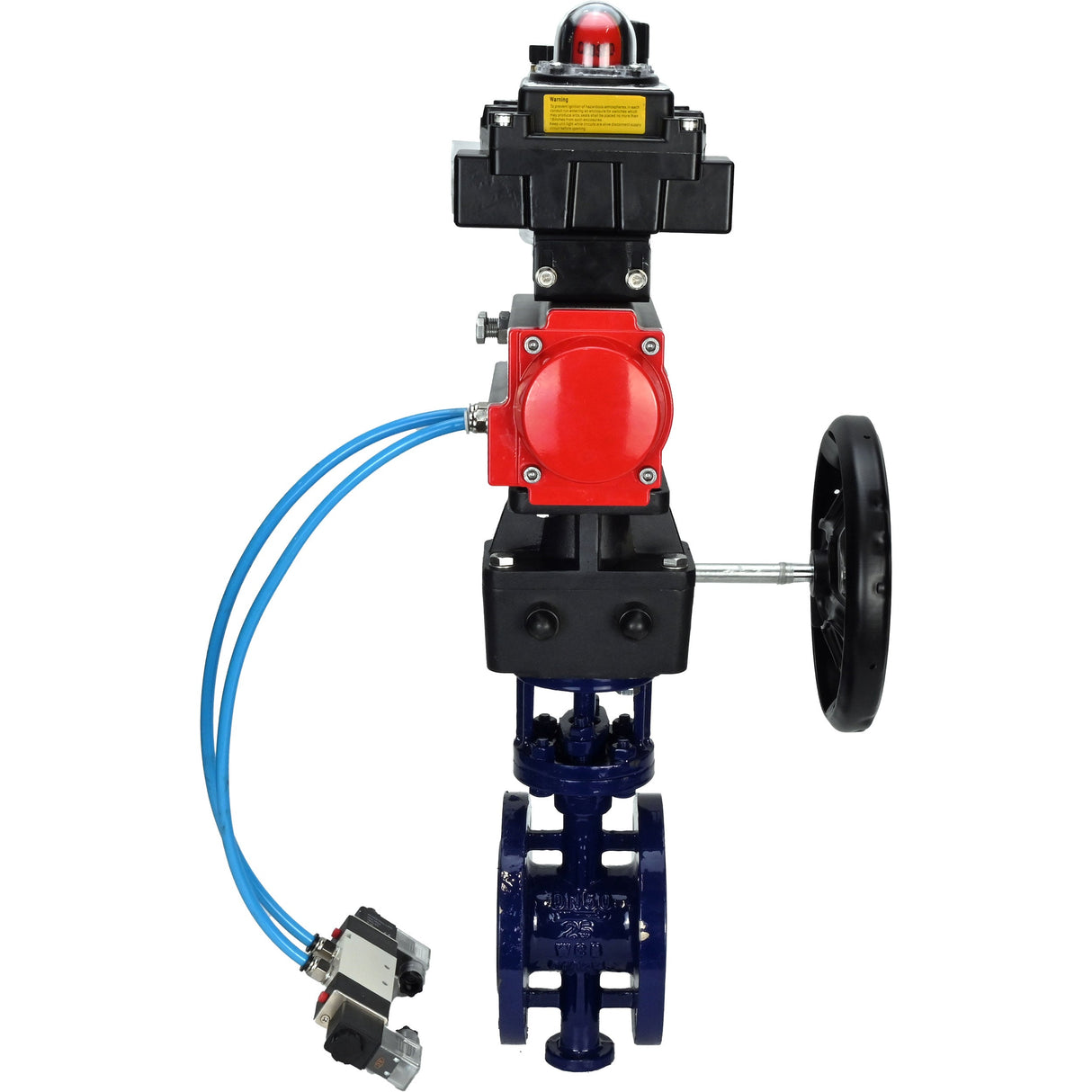 Vanne papillon d'eau Elephant WBV3EX-3432M-1W-F-ISO, matériau du corps - Acier au carbone, matériau du disque - Acier inoxydable AISI 316, joint - Métal, actionneur pneumatique PA-DA double action, 4V320-08 220V, BKV APL-410N EX, volant MON, BPV AFC2000