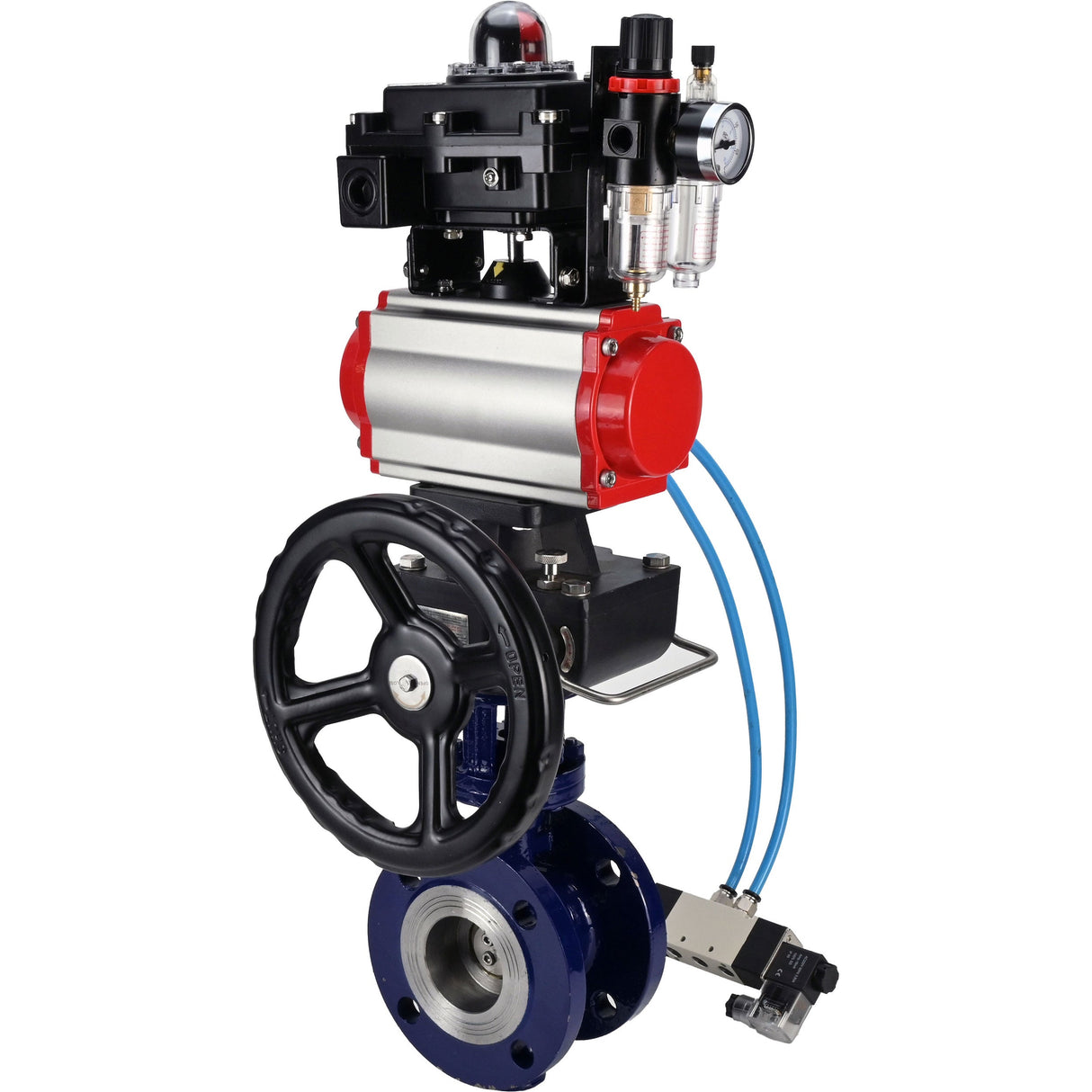 Vanne papillon d'eau Elephant WBV3EX-3432M-1W-F-ISO, matériau du corps - Acier au carbone, matériau du disque - Acier inoxydable AISI 316, joint - Métal, actionneur pneumatique PA-DA double action, 4V320-08 220V, BKV APL-410N EX, volant MON, BPV AFC2000