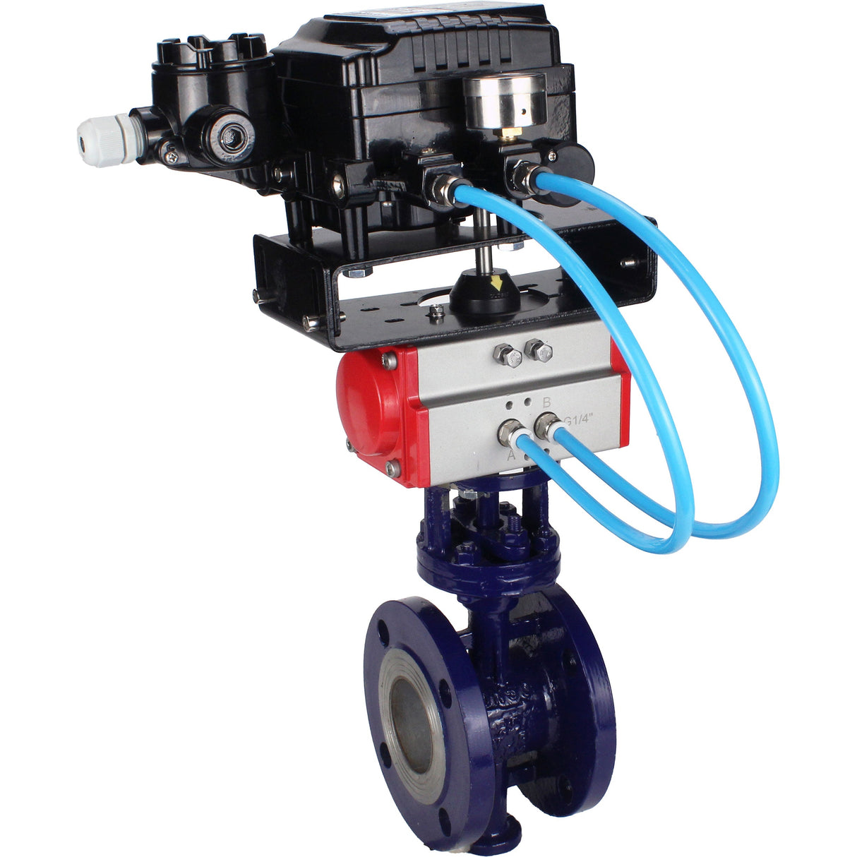Vanne papillon d'eau Elephant WBV3EX-3432M-1W-F-ISO, matériau du corps - Acier au carbone, matériau du disque - Acier inoxydable AISI 316, joint - Métal, actionneur pneumatique PA-SA avec ressorts de rappel, positionneur YT-1000RSN avec rétroaction
