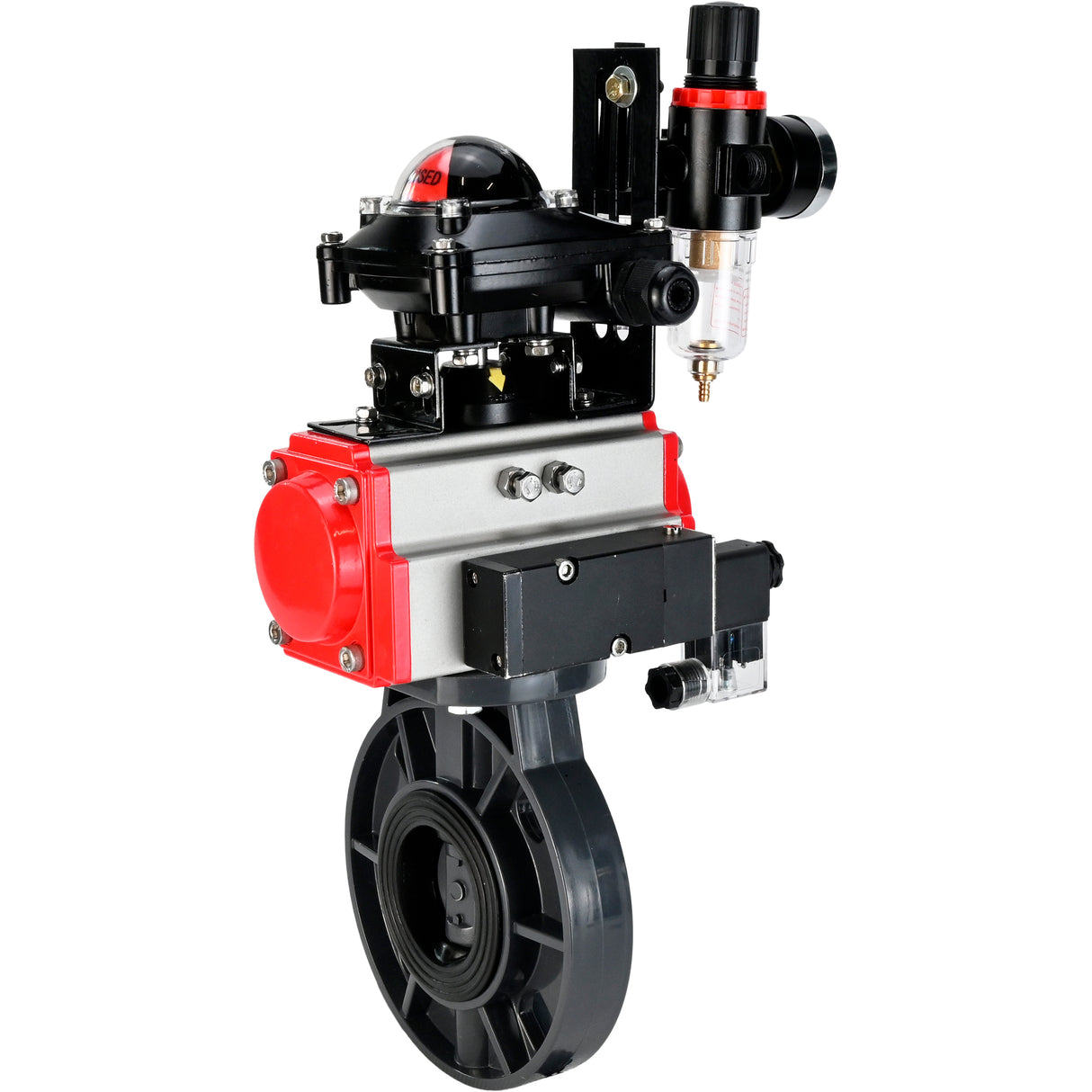 Butterfly valves Elephant WBV4242E-2W-Fb-ISO, body material - UPVC, disc material - UPVC, seal - EPDM, with pneumatic actuator double action PA-DA, pneumatic distributor 4M310-08 NAMUR 220V, LSU APL-210N and ATU AFC2000