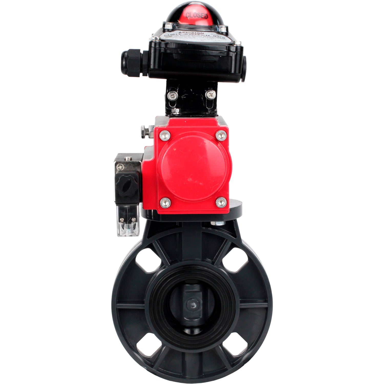 Butterfly valves Elephant WBV4242E-2W-Fb-ISO, body material - UPVC, disc material - UPVC, seal - EPDM, with pneumatic actuator double action PA-DA, pneumatic distributor 4M310-08 NAMUR 220V and LSU APL-210N