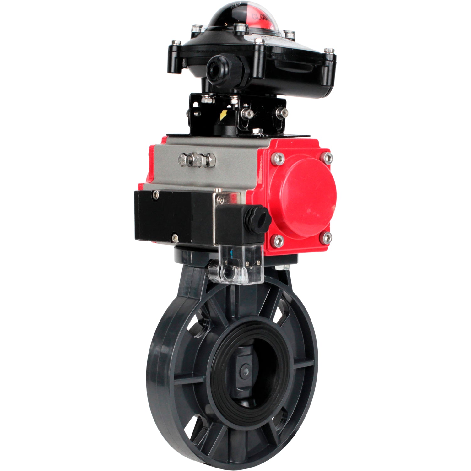Butterfly valves Elephant WBV4242E-2W-Fb-ISO, body material - UPVC, disc material - UPVC, seal - EPDM, with pneumatic actuator double action PA-DA, pneumatic distributor 4M310-08 NAMUR 220V and LSU APL-210N