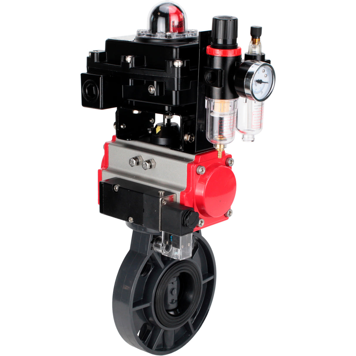 Butterfly valves Elephant WBV4242E-2W-Fb-ISO, body material - UPVC, disc material - UPVC, seal - EPDM, with pneumatic actuator double action PA-DA, pneumatic distributor 4M310-08 NAMUR 220V, LSU APL-410N EX and ATU AFC2000