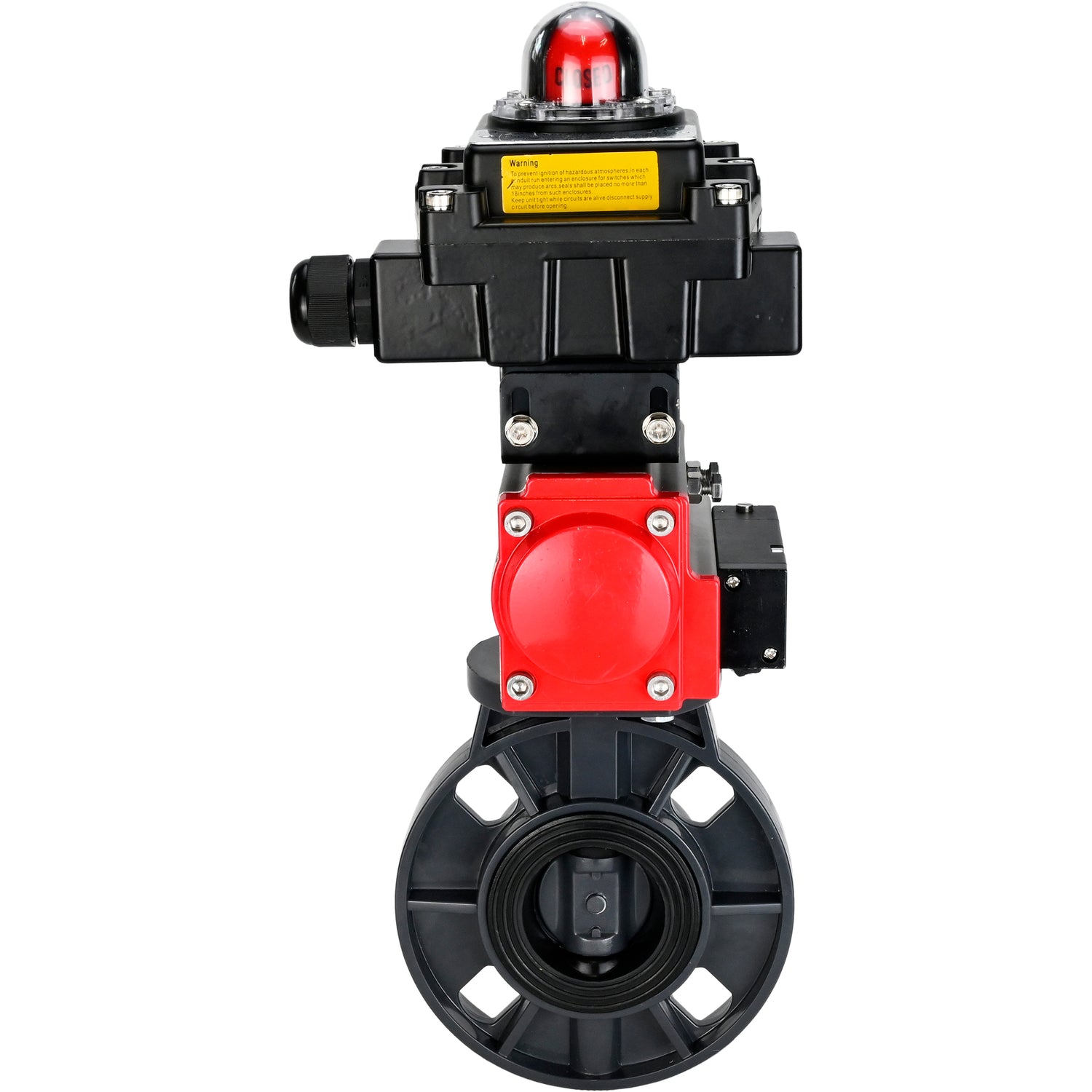 Butterfly valves Elephant WBV4242E-2W-Fb-ISO, body material - UPVC, disc material - UPVC, seal - EPDM, with pneumatic actuator double action PA-DA, pneumatic distributor 4M310-08 NAMUR 220V and LSU APL-410N EX