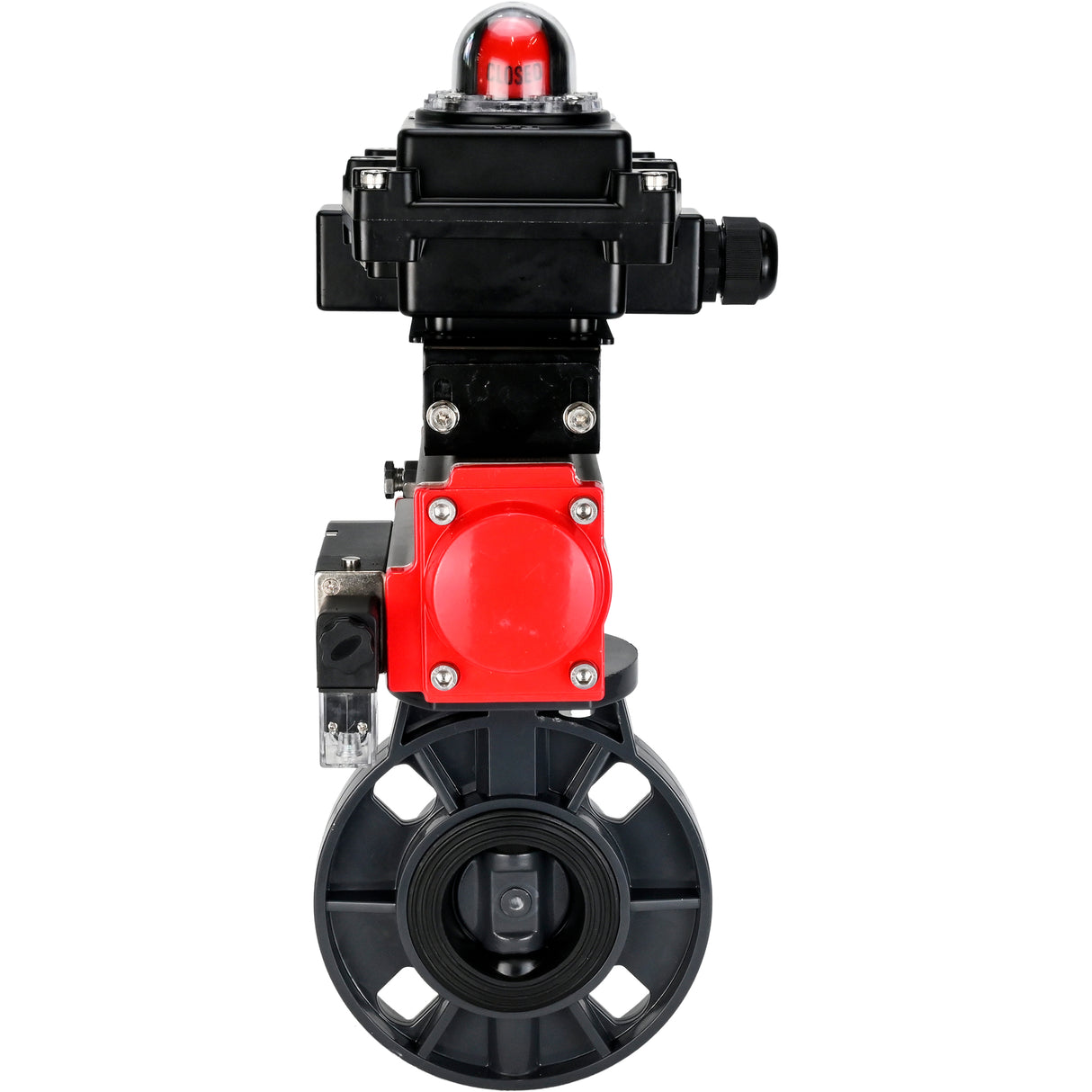 Butterfly valves Elephant WBV4242E-2W-Fb-ISO, body material - UPVC, disc material - UPVC, seal - EPDM, with pneumatic actuator double action PA-DA, pneumatic distributor 4M310-08 NAMUR 220V and LSU APL-410N EX