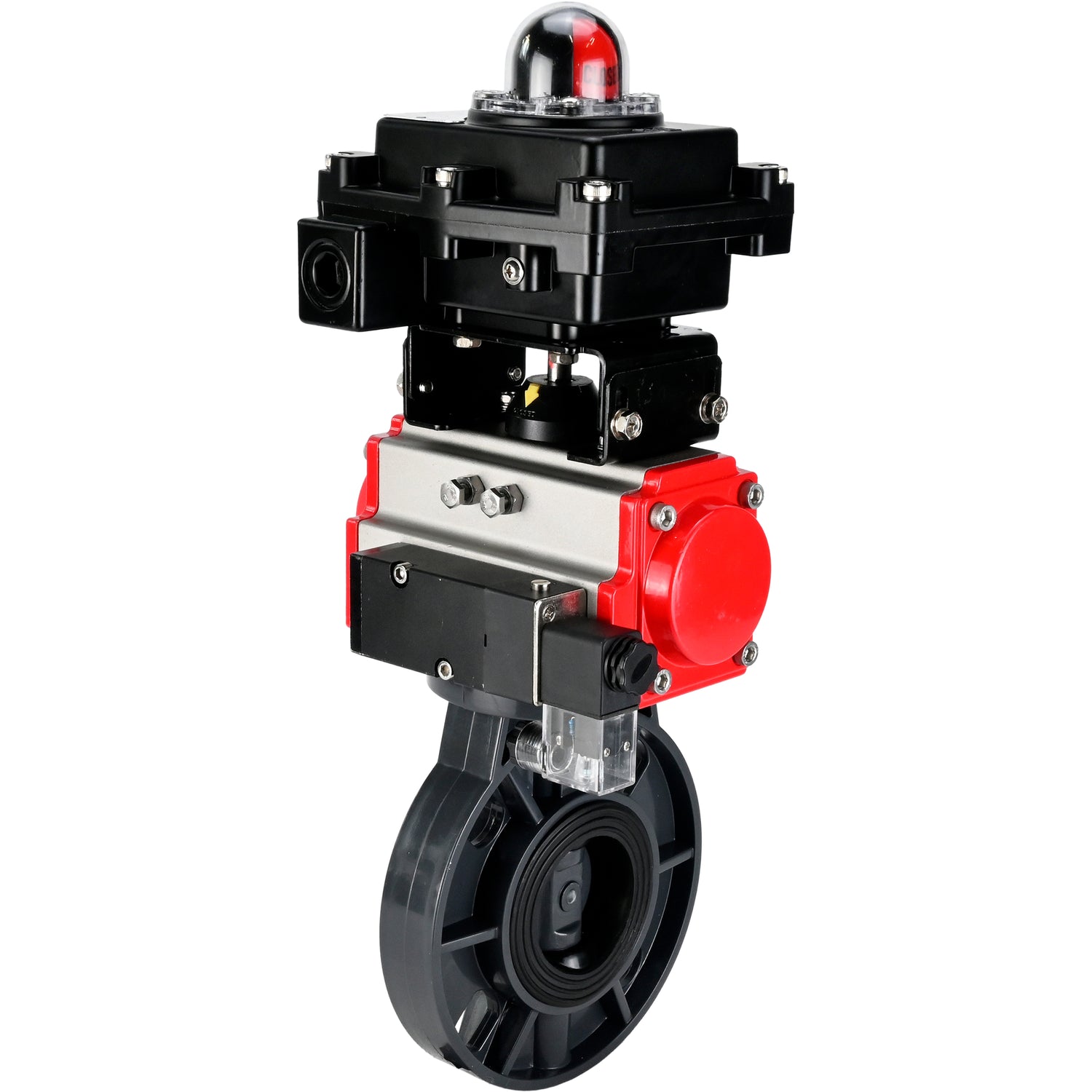 Butterfly valves Elephant WBV4242E-2W-Fb-ISO, body material - UPVC, disc material - UPVC, seal - EPDM, with pneumatic actuator double action PA-DA, pneumatic distributor 4M310-08 NAMUR 220V and LSU APL-410N EX