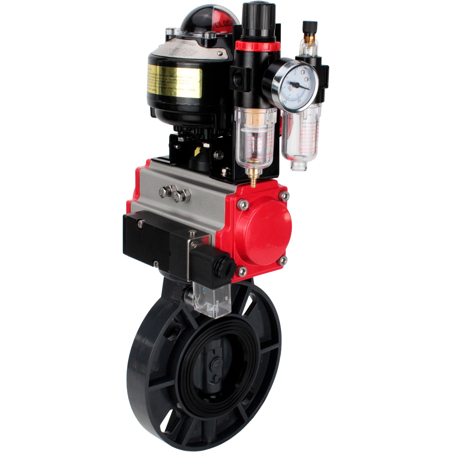 Butterfly valves Elephant WBV4242E-2W-Fb-ISO, body material - UPVC, disc material - UPVC, seal - EPDM, with pneumatic actuator double action PA-DA, pneumatic distributor 4M310-08 NAMUR 220V, LSU APL-510N EX and ATU AFC2000