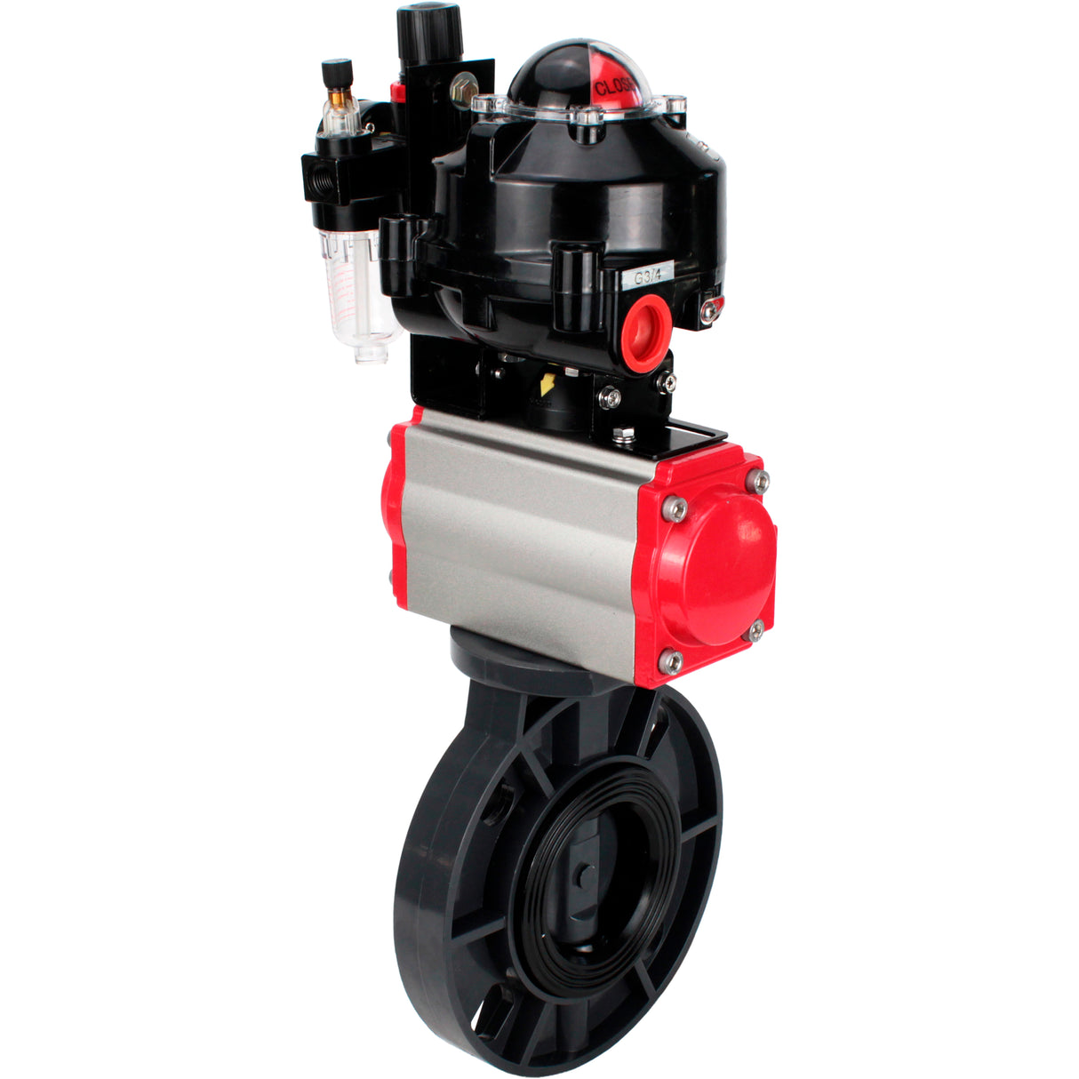 Butterfly valves Elephant WBV4242E-2W-Fb-ISO, body material - UPVC, disc material - UPVC, seal - EPDM, with pneumatic actuator double action PA-DA, pneumatic distributor 4M310-08 NAMUR 220V, LSU APL-510N EX and ATU AFC2000