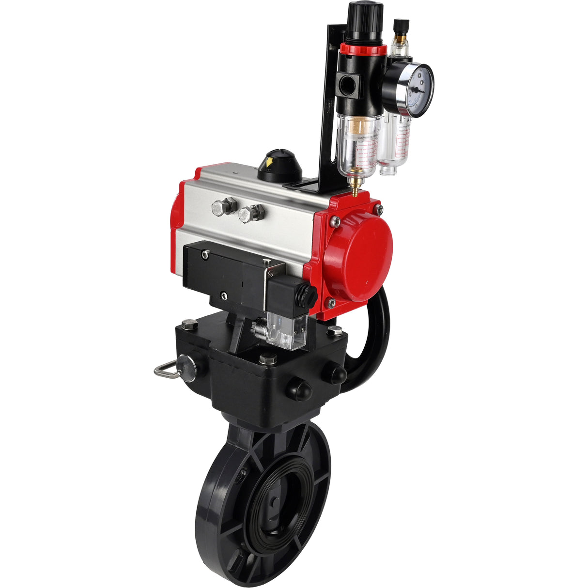Butterfly valves Elephant WBV4242E-2W-Fb-ISO, body material - UPVC, disc material - UPVC, seal - EPDM, with pneumatic actuator double action PA-DA, pneumatic distributor 4M310-08 NAMUR 220V, ATU AFC2000 and handwheel MON