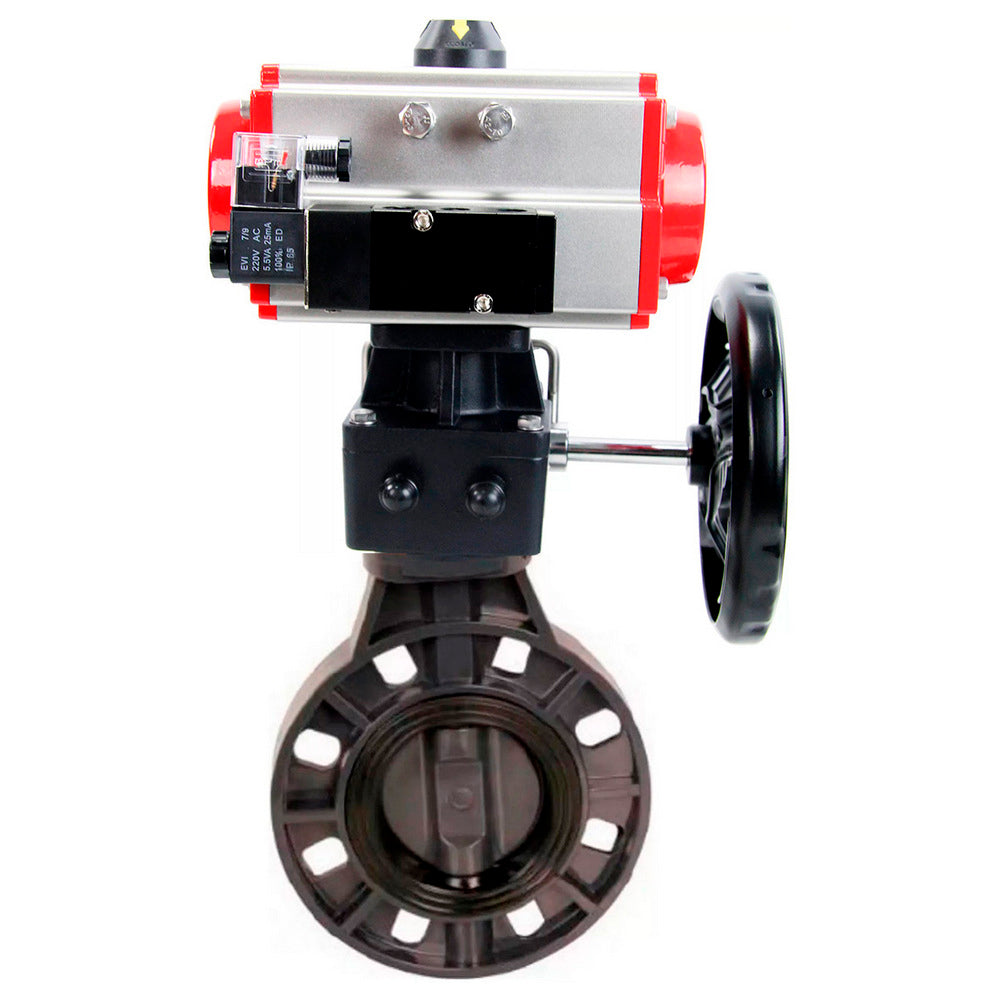 Butterfly valves Elephant WBV4242E-2W-Fb-ISO, body material - UPVC, disc material - UPVC, seal - EPDM, with pneumatic actuator double action PA-DA, pneumatic distributor 4M310-08 NAMUR 220V and handwheel MON