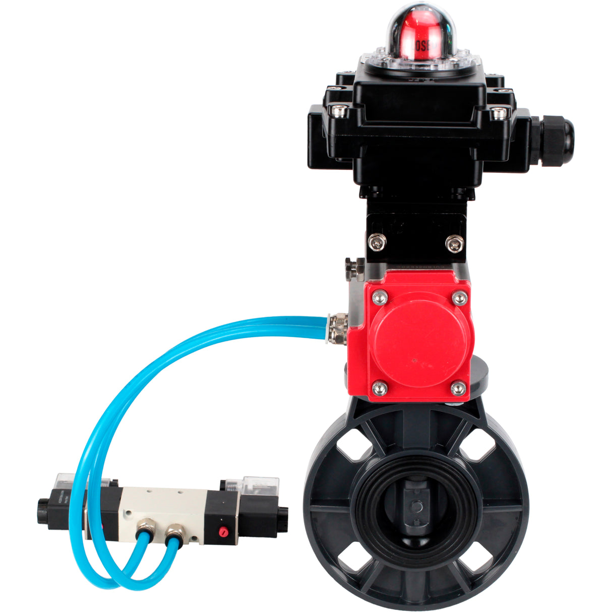 Butterfly valves Elephant WBV4242E-2W-Fb-ISO, body material - UPVC, disc material - UPVC, seal - EPDM, with pneumatic actuator double action PA-DA, pneumatic distributor 4V320-08 220V and LSU APL-410N EX