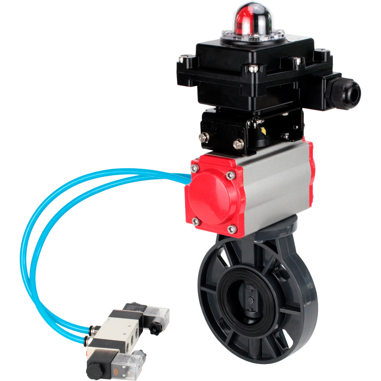 Butterfly valves Elephant WBV4242E-2W-Fb-ISO, body material - UPVC, disc material - UPVC, seal - EPDM, with pneumatic actuator double action PA-DA, pneumatic distributor 4V320-08 220V and LSU APL-410N EX