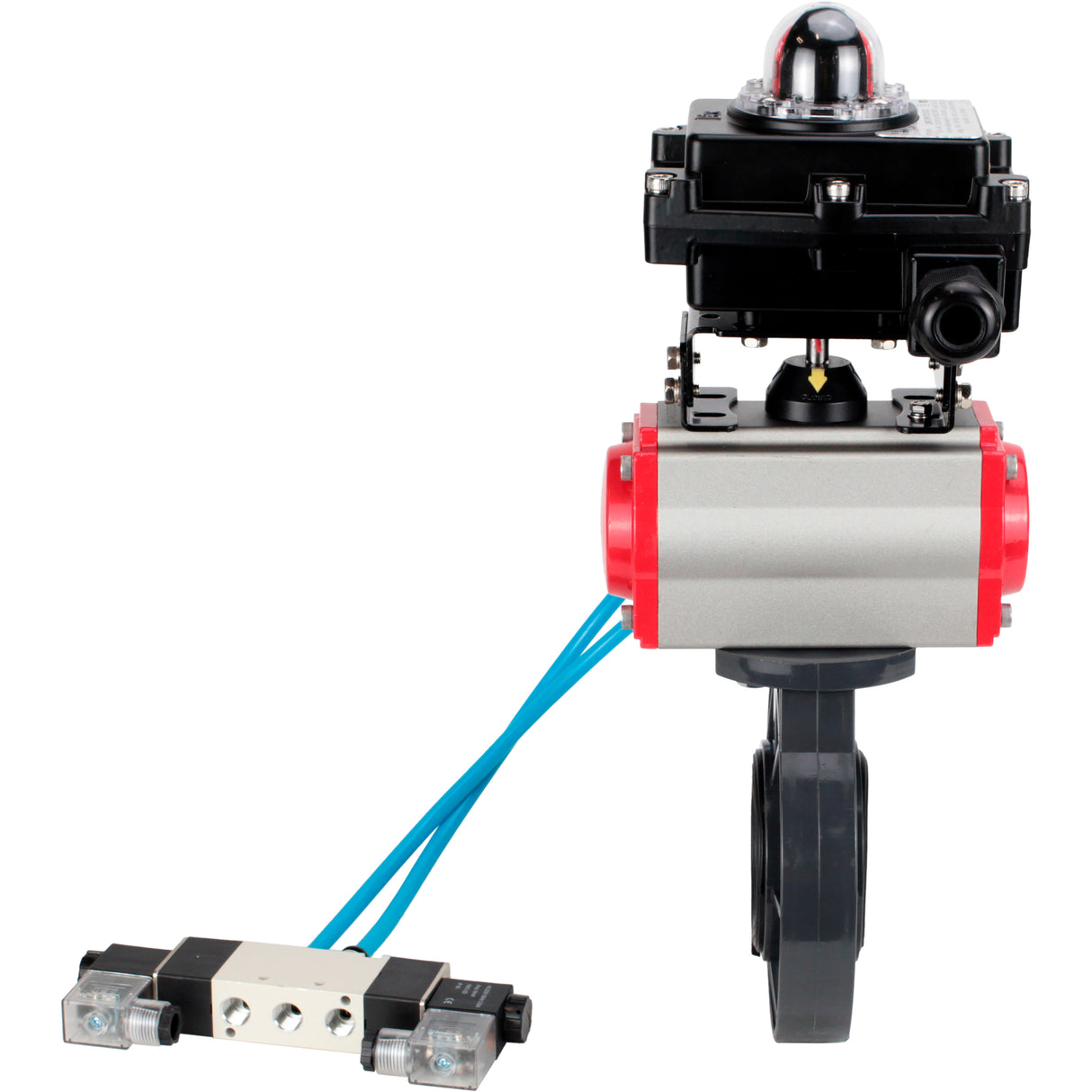 Butterfly valves Elephant WBV4242E-2W-Fb-ISO, body material - UPVC, disc material - UPVC, seal - EPDM, with pneumatic actuator double action PA-DA, pneumatic distributor 4V320-08 220V and LSU APL-410N EX