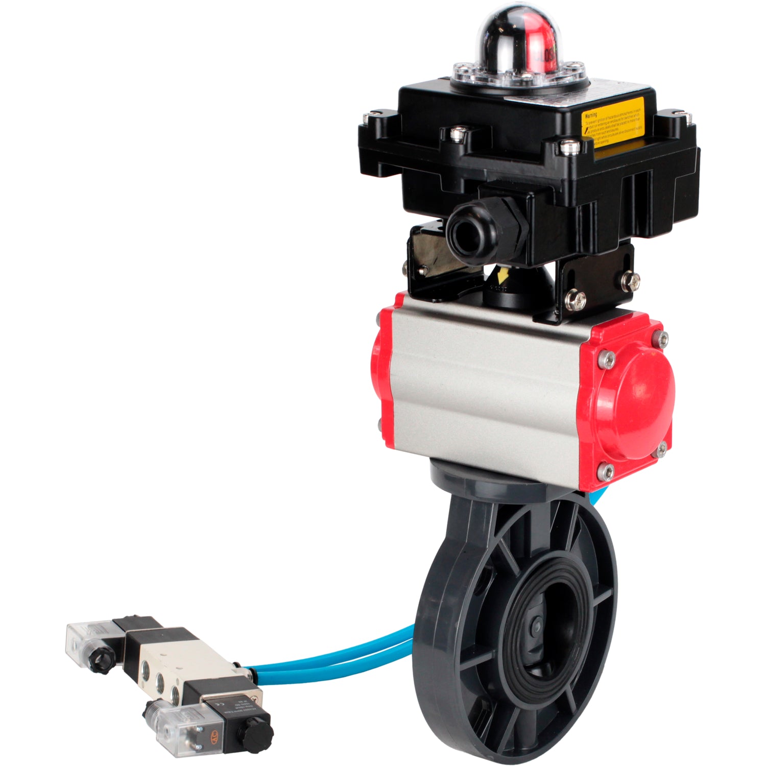 Butterfly valves Elephant WBV4242E-2W-Fb-ISO, body material - UPVC, disc material - UPVC, seal - EPDM, with pneumatic actuator double action PA-DA, pneumatic distributor 4V320-08 220V and LSU APL-410N EX
