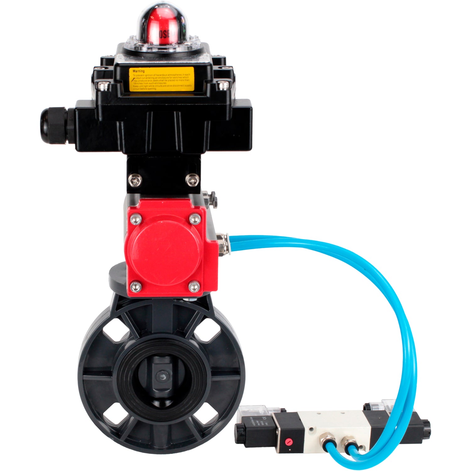 Butterfly valves Elephant WBV4242E-2W-Fb-ISO, body material - UPVC, disc material - UPVC, seal - EPDM, with pneumatic actuator double action PA-DA, pneumatic distributor 4V320-08 220V and LSU APL-410N EX