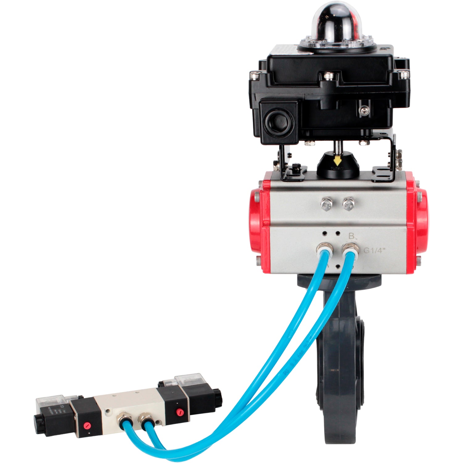 Butterfly valves Elephant WBV4242E-2W-Fb-ISO, body material - UPVC, disc material - UPVC, seal - EPDM, with pneumatic actuator double action PA-DA, pneumatic distributor 4V320-08 220V and LSU APL-410N EX